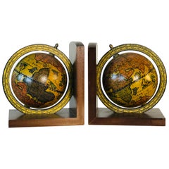 Italian World Globe Wood Bookends, Pair