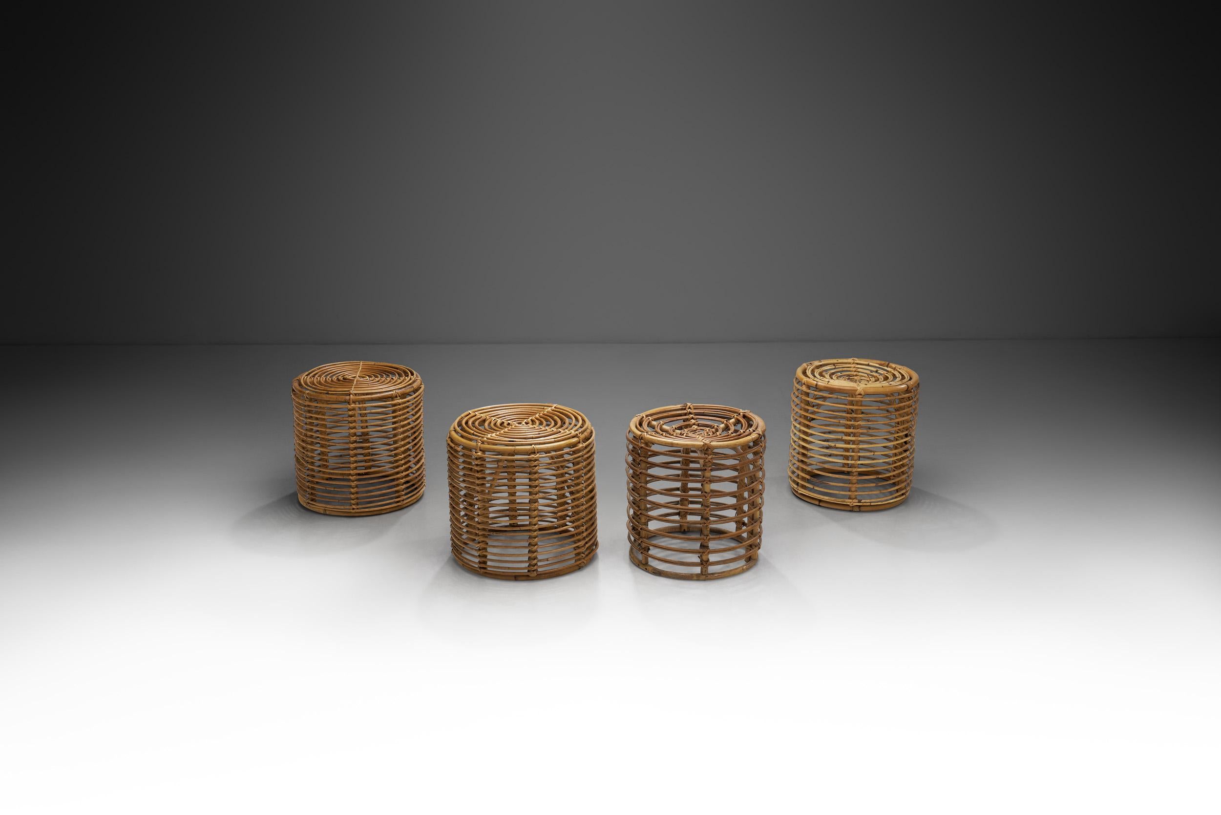 Form and function collide in this set of four stools, a piece of furniture that is often underestimated. Designers define stools as jewels and statements in a space, and taking practicality into account, these bamboo and wicker stools are perfect to