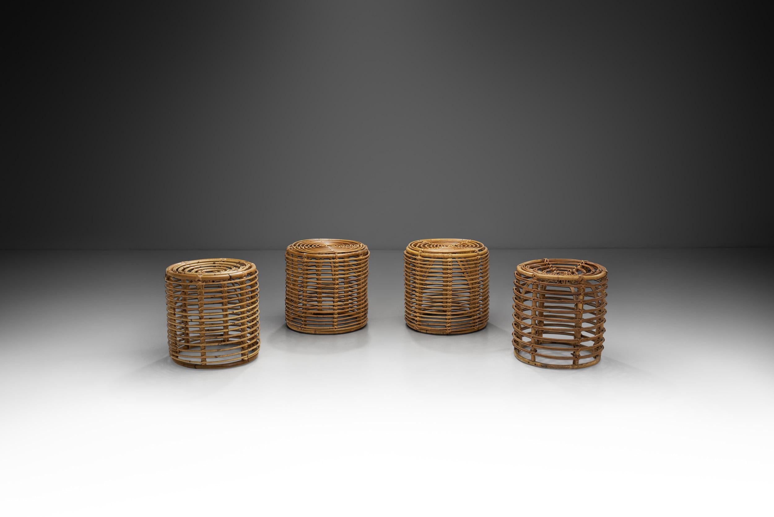 Mid-Century Modern Italian Woven Bamboo and Wicker Stools in the Manner of Tito Agnoli, Italy 1960s