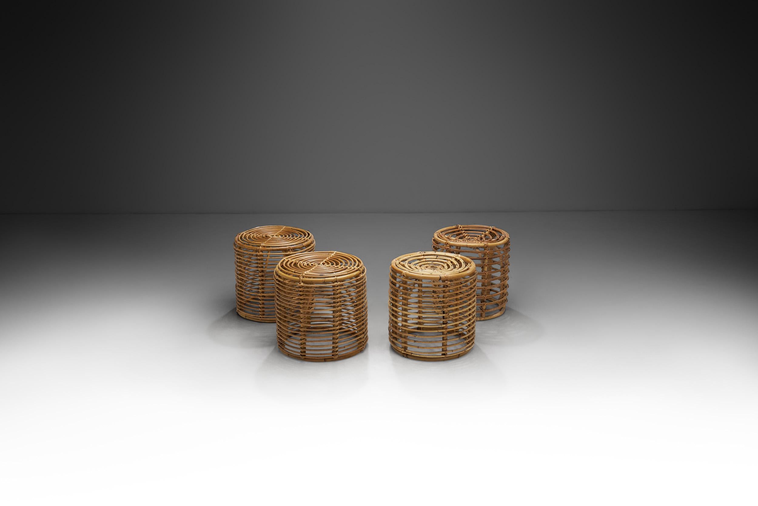Mid-20th Century Italian Woven Bamboo and Wicker Stools in the Manner of Tito Agnoli, Italy 1960s
