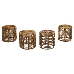 Vintage Italian Woven Bamboo and Wicker Stools in the Manner of Tito Agnoli, Italy 1960s
