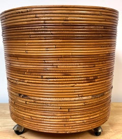 Italian Woven Bamboo/Rattan Planter/Wastepaper Basket on Castors, Circa 1970s