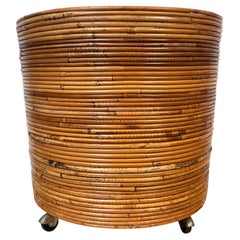 Italian Woven Bamboo/Rattan Planter/Wastepaper Basket on Castors, Circa 1970s