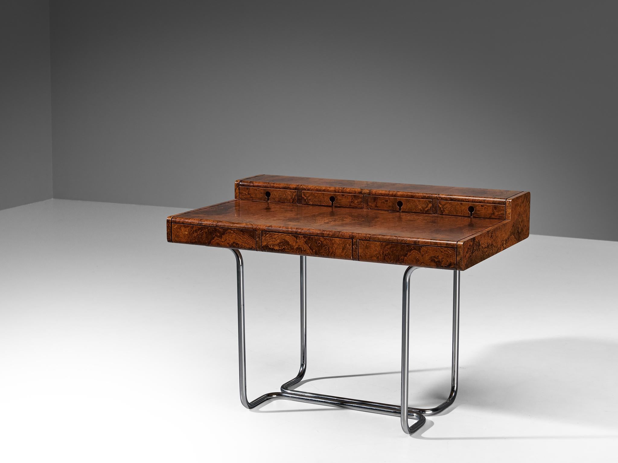 Writing desk, walnut burl, chrome-plated steel, teak, Italy, 1970s.

This Italian table combines the Bauhaus aesthetics with Italian midcentury style. The tabletop appears dense and compact, while the base is designed with an open look, consisting