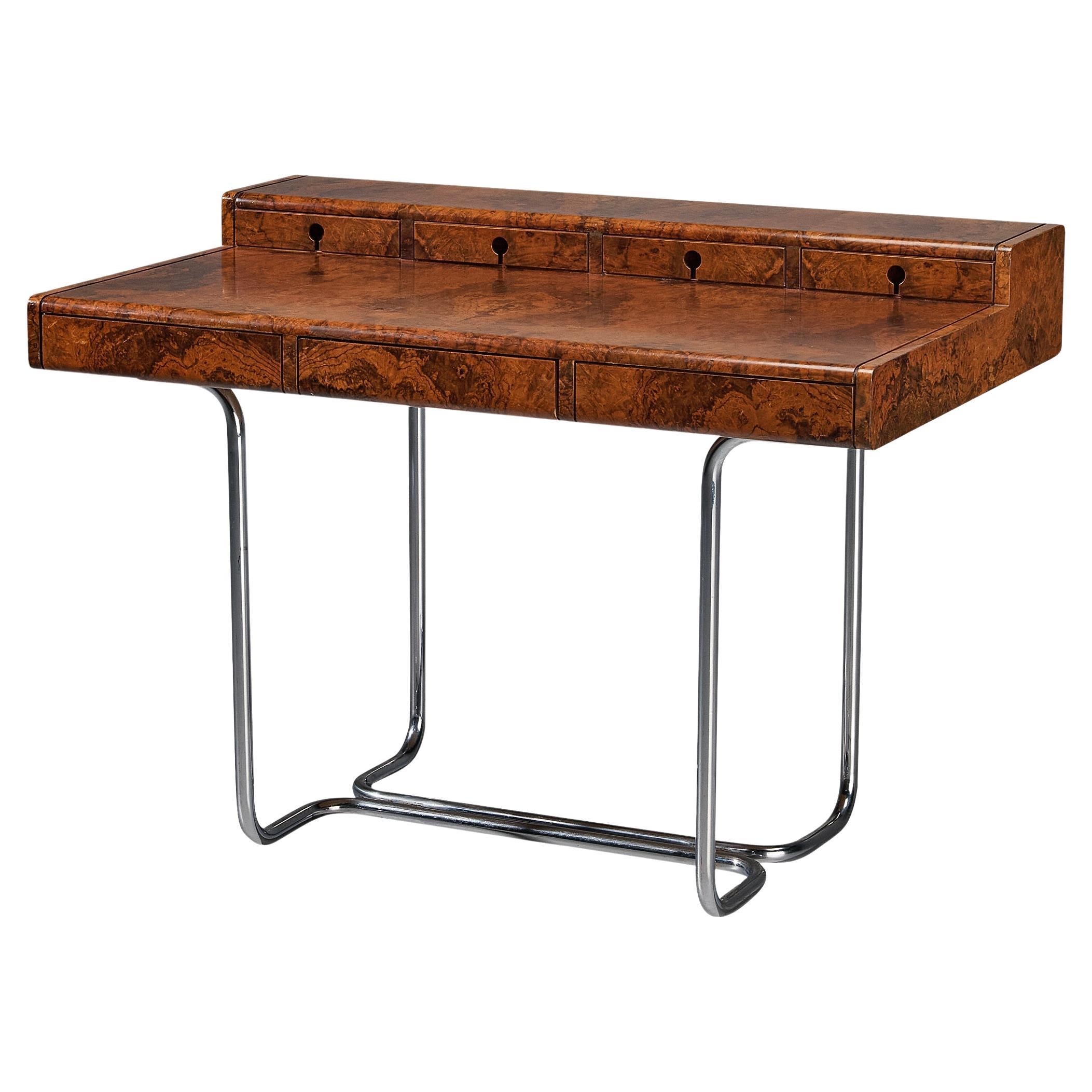 Italian Writing Desk in Walnut Burl with Tubular Chrome Base