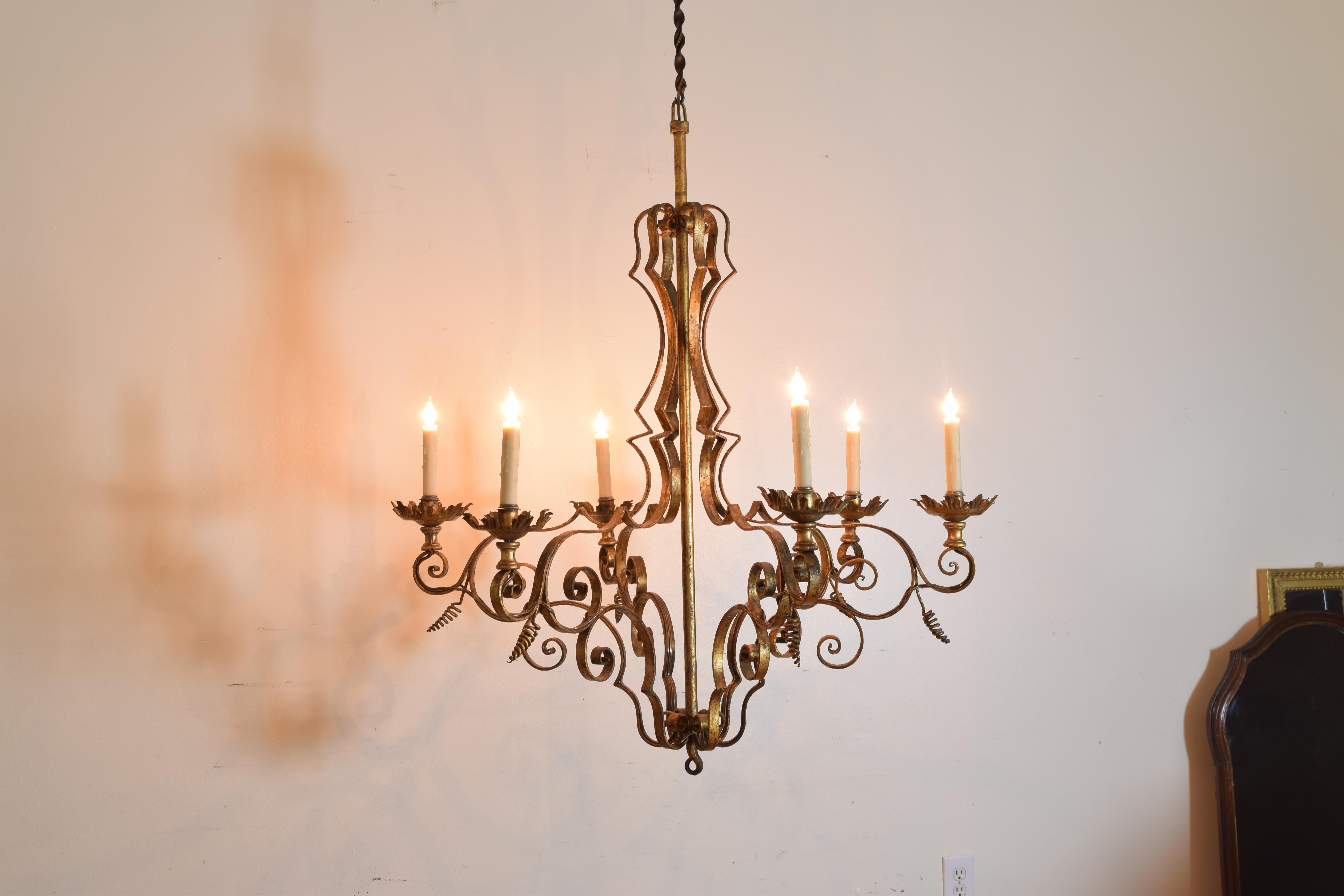 Italian Wrought and Gilt Iron 6-Light Chandelier, Early 20th Century, UL Wired 1