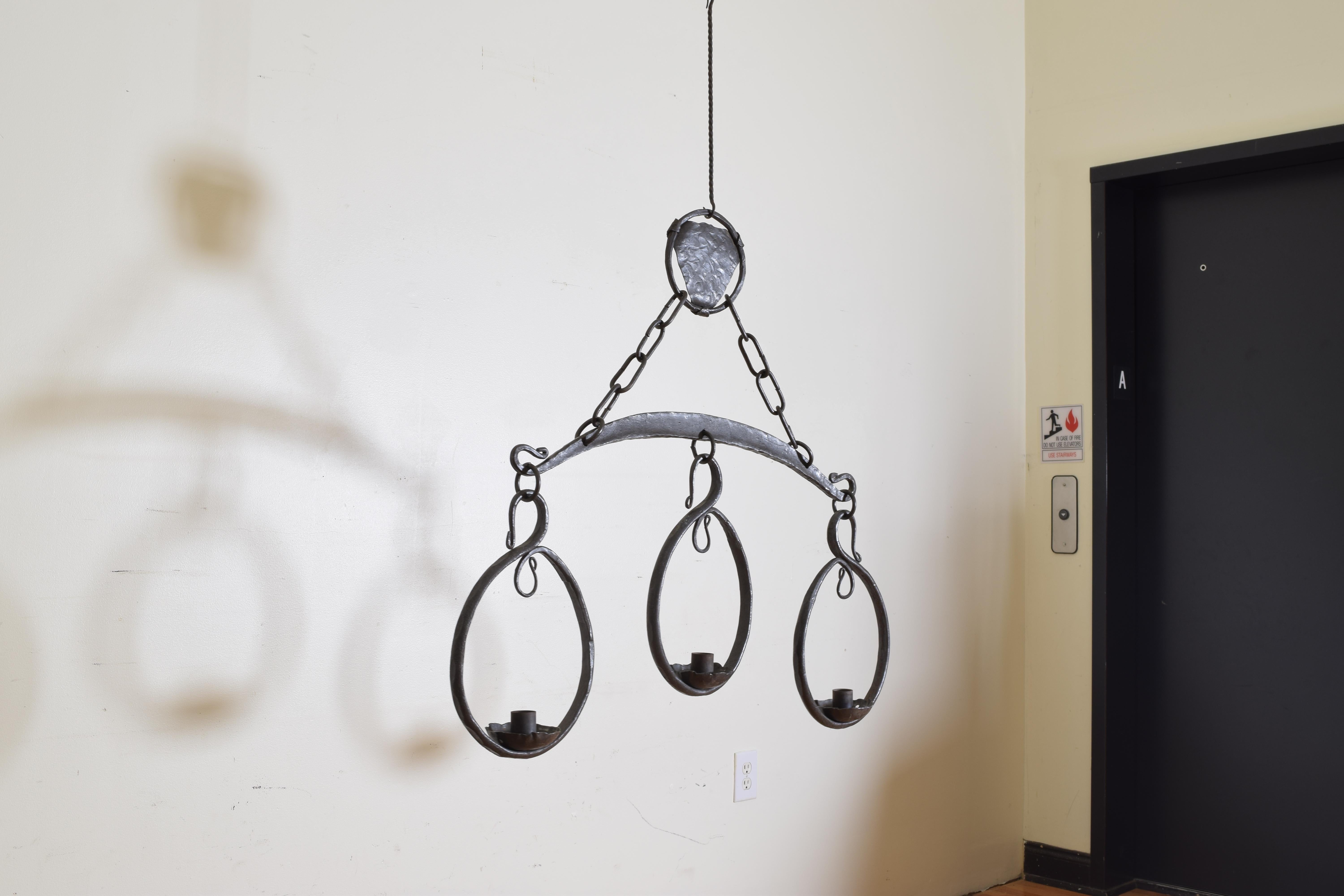 Italian Wrought Iron 3-Light Chandelier, 20th Century In Excellent Condition In Atlanta, GA