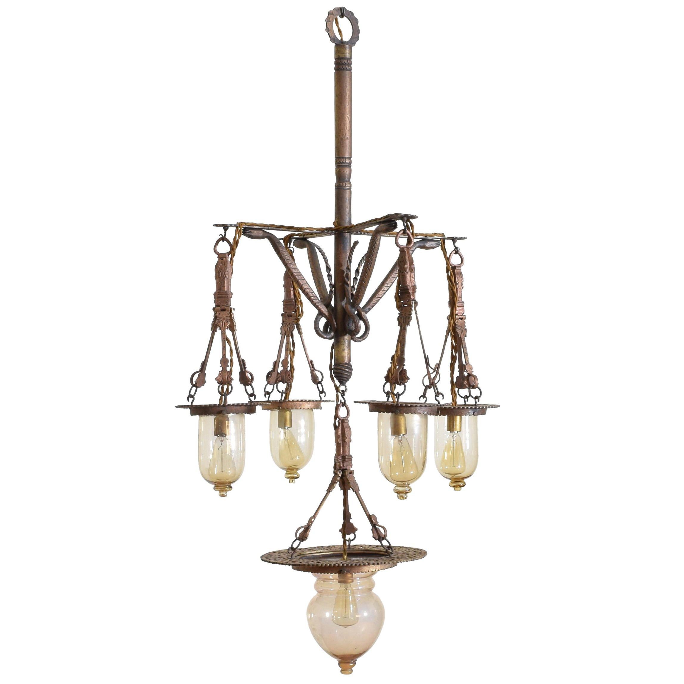 Italian Wrought Iron and Blown Glass 5-Light Lantern Chandelier, 19th Century