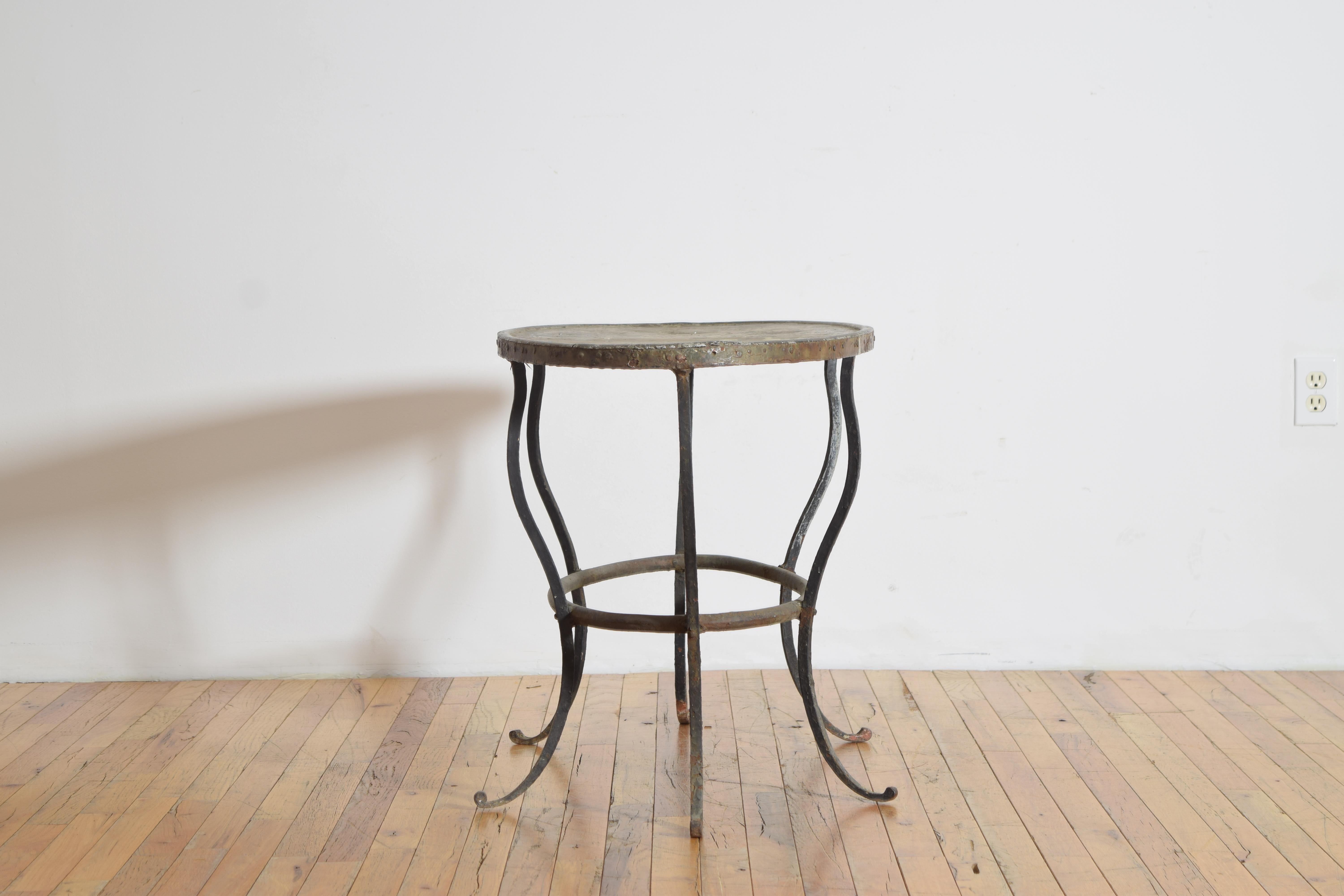 Italian Wrought Iron and Copper Elliptical-Shaped Coffee Table, ca. 1930's In Fair Condition For Sale In Atlanta, GA