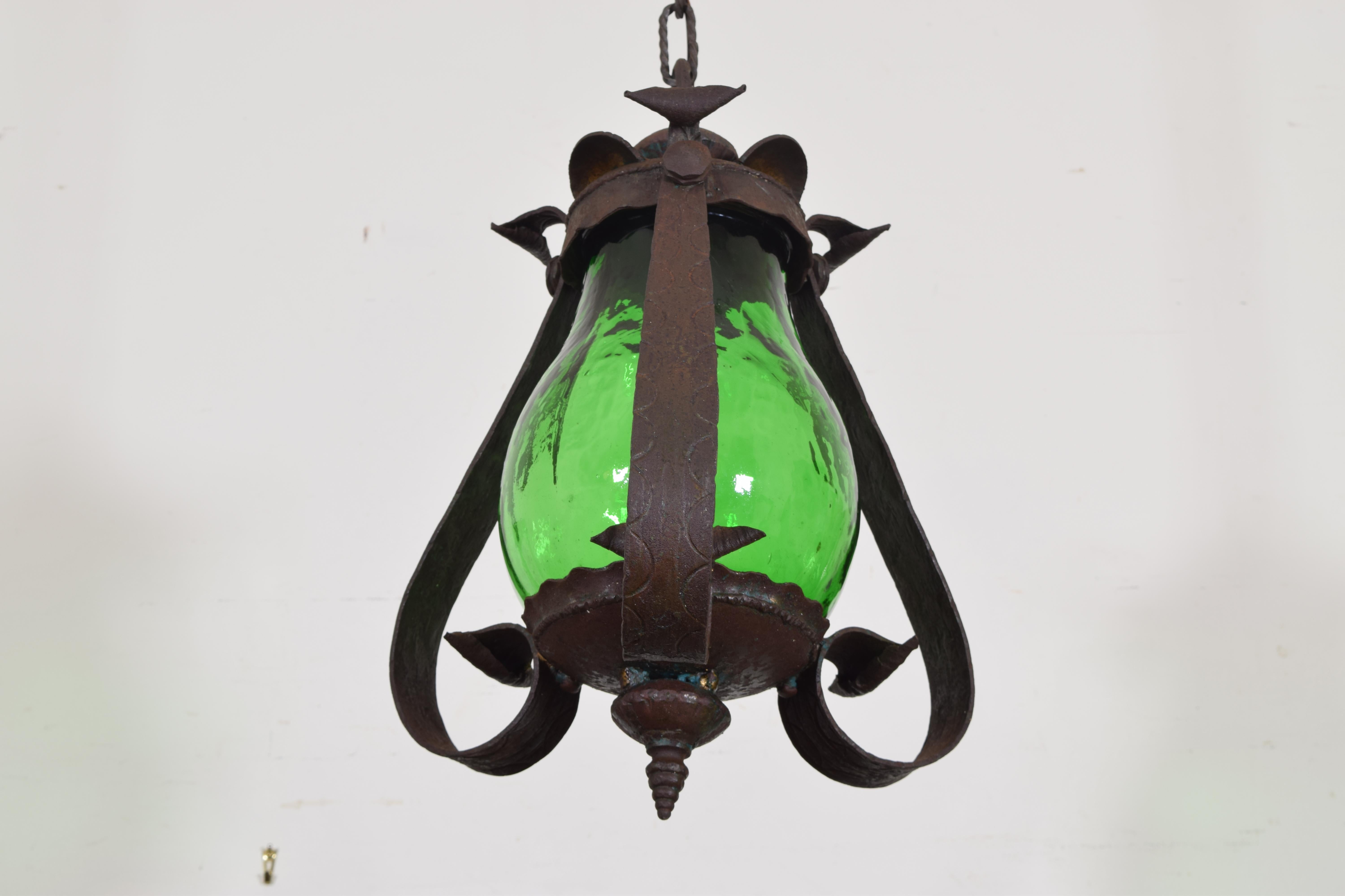 Italian Wrought Iron and Green Glass One Light Lantern, UL Wired 4
