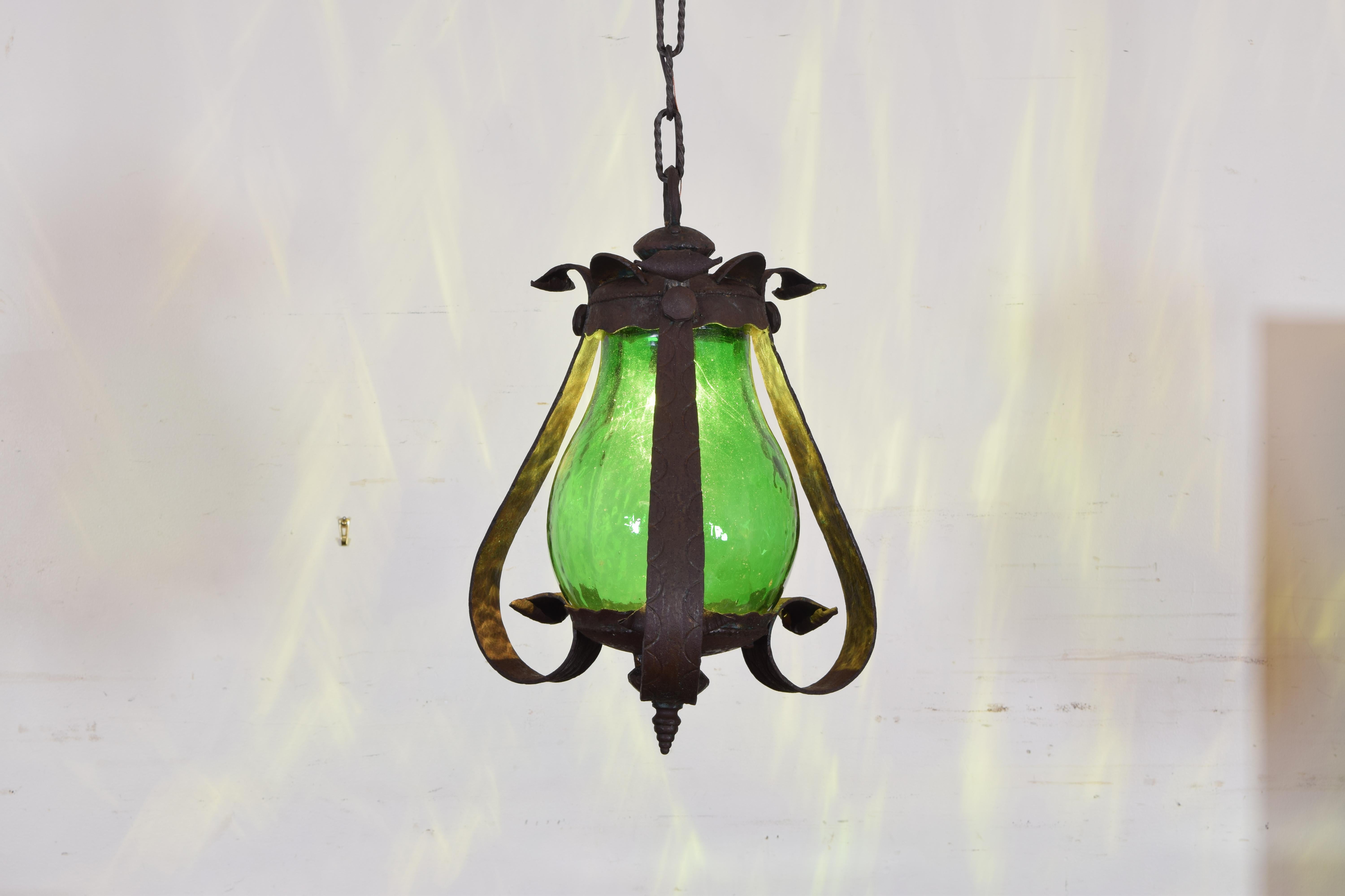 Baroque Italian Wrought Iron and Green Glass One Light Lantern, UL Wired
