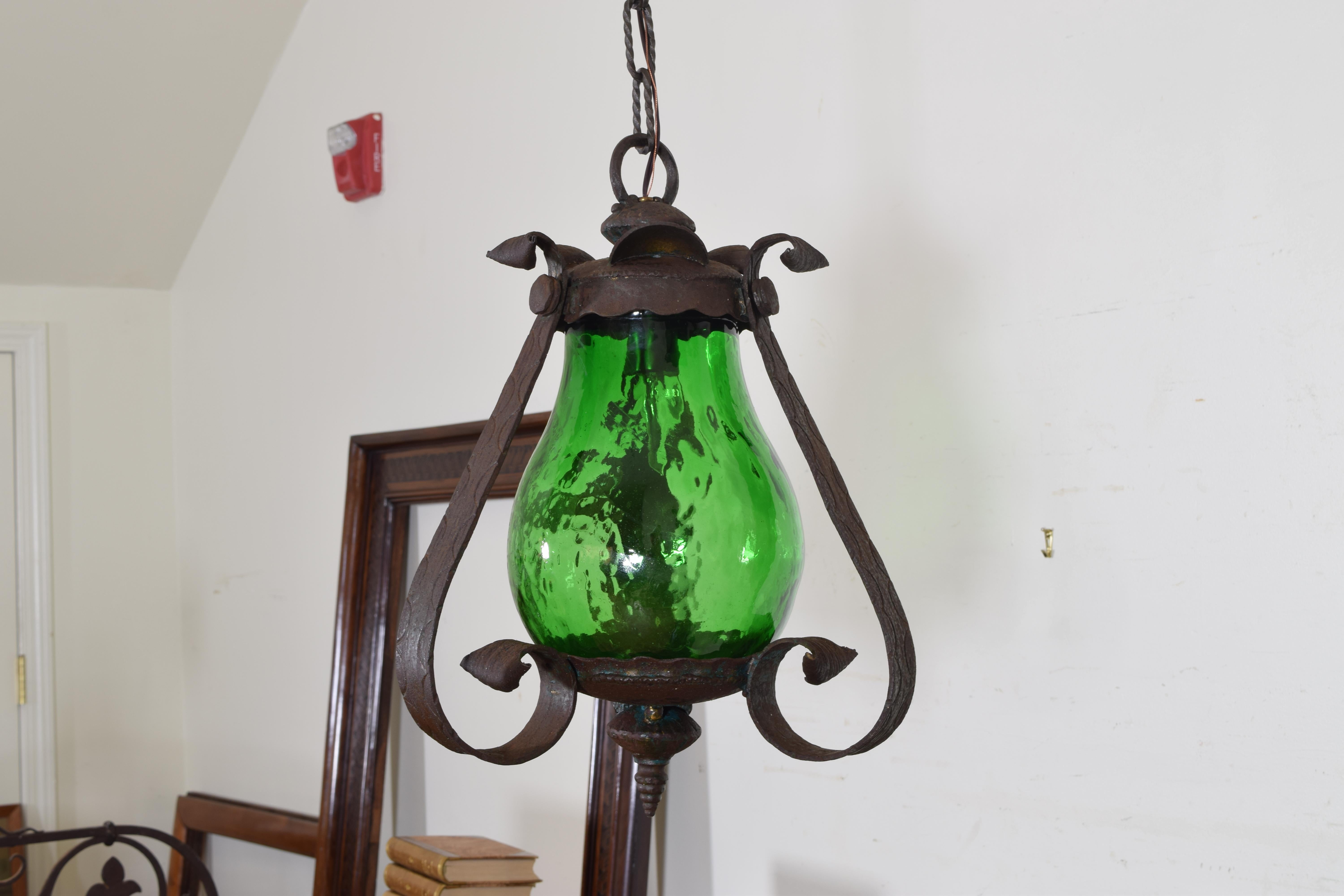 Forged Italian Wrought Iron and Green Glass One Light Lantern, UL Wired