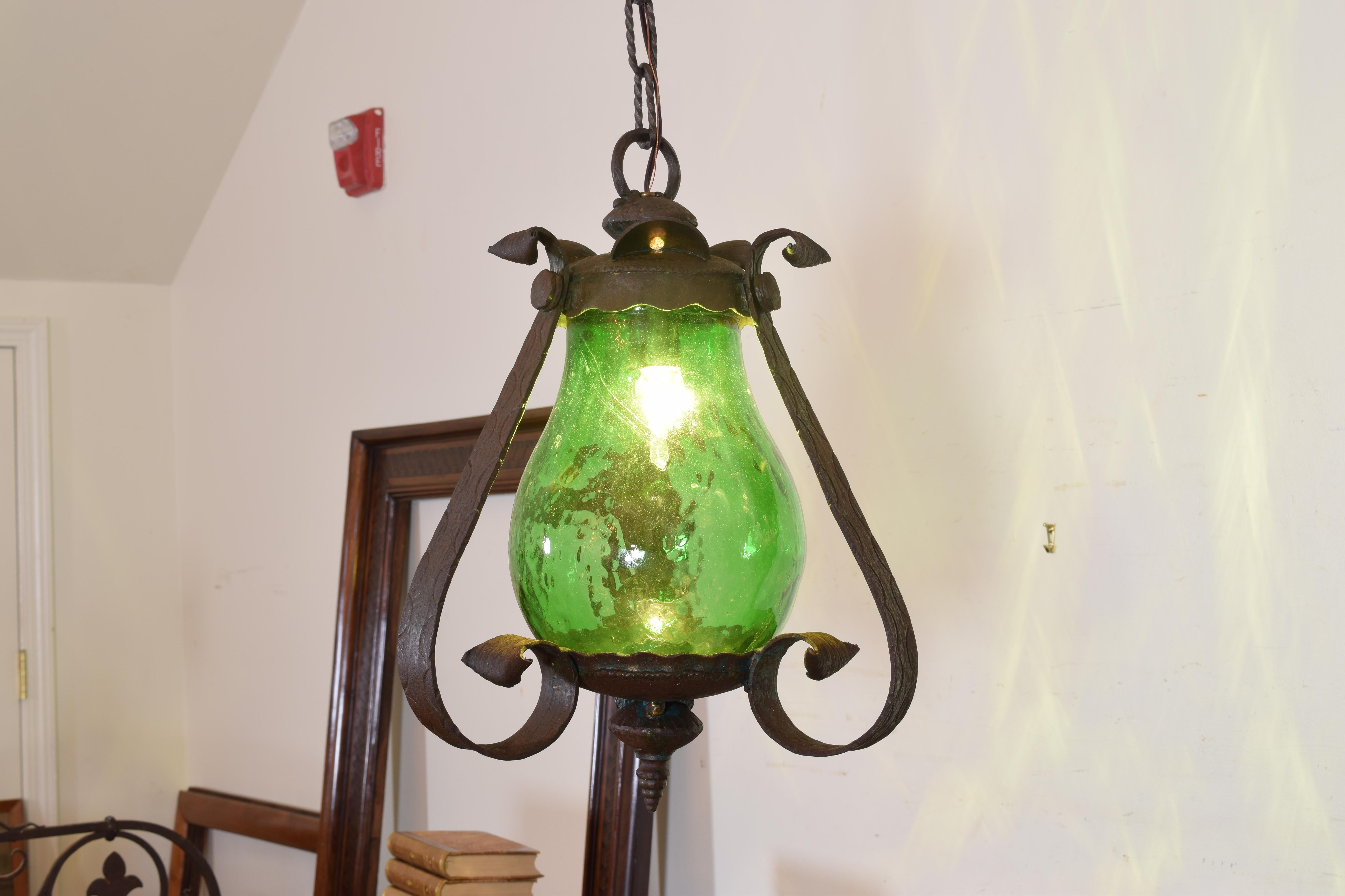 Italian Wrought Iron and Green Glass One Light Lantern, UL Wired In Excellent Condition In Atlanta, GA