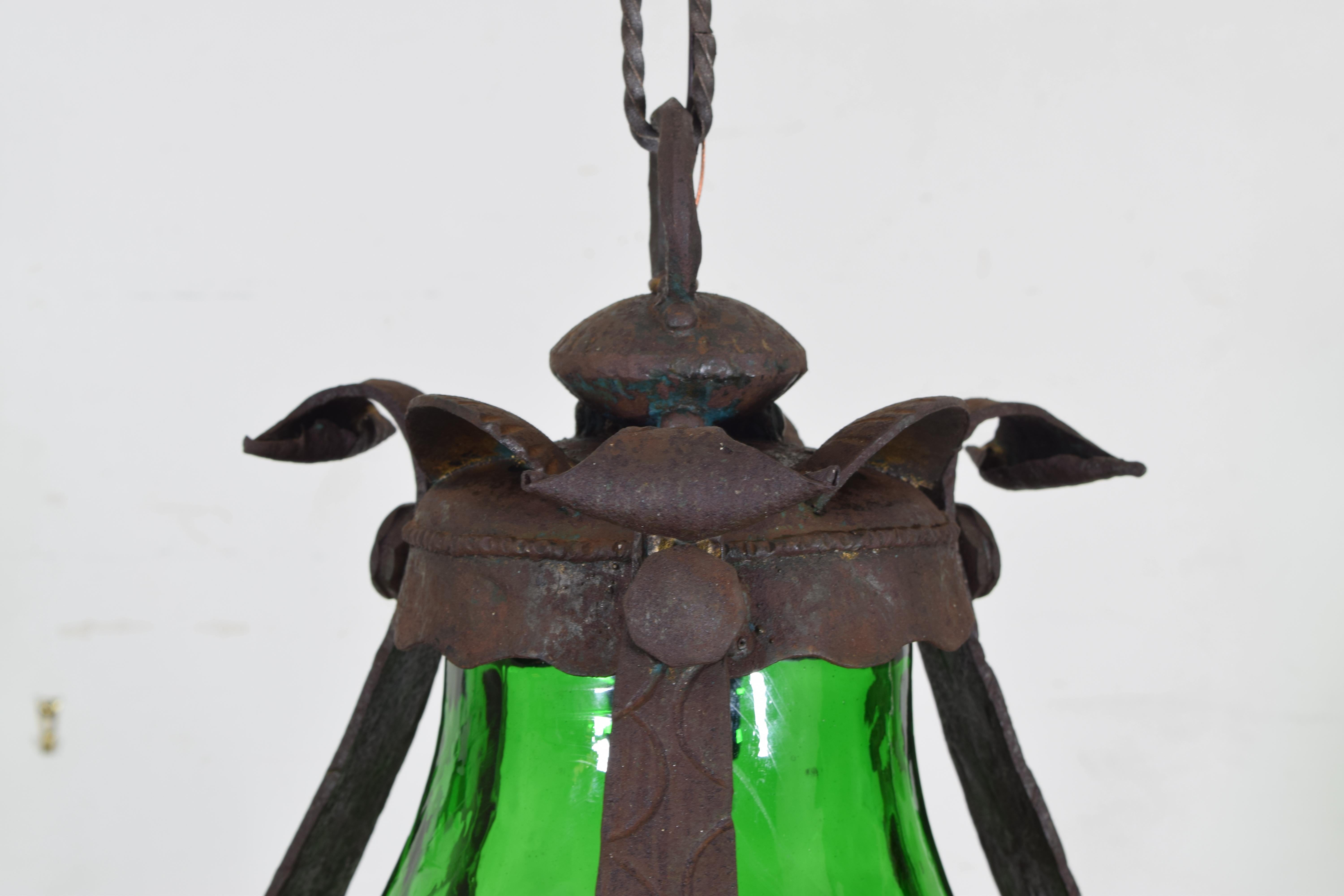 20th Century Italian Wrought Iron and Green Glass One Light Lantern, UL Wired