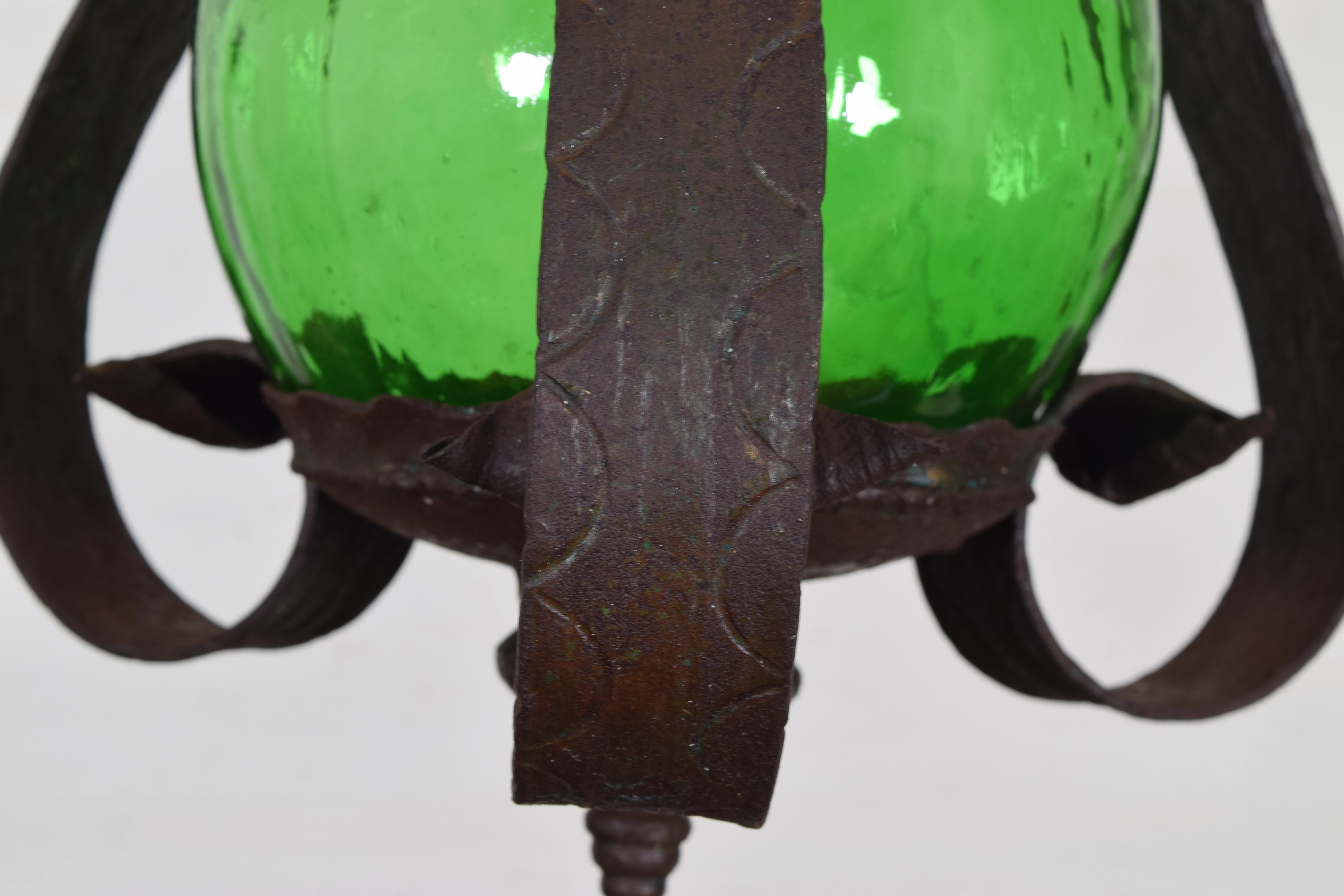 Italian Wrought Iron and Green Glass One Light Lantern, UL Wired 1