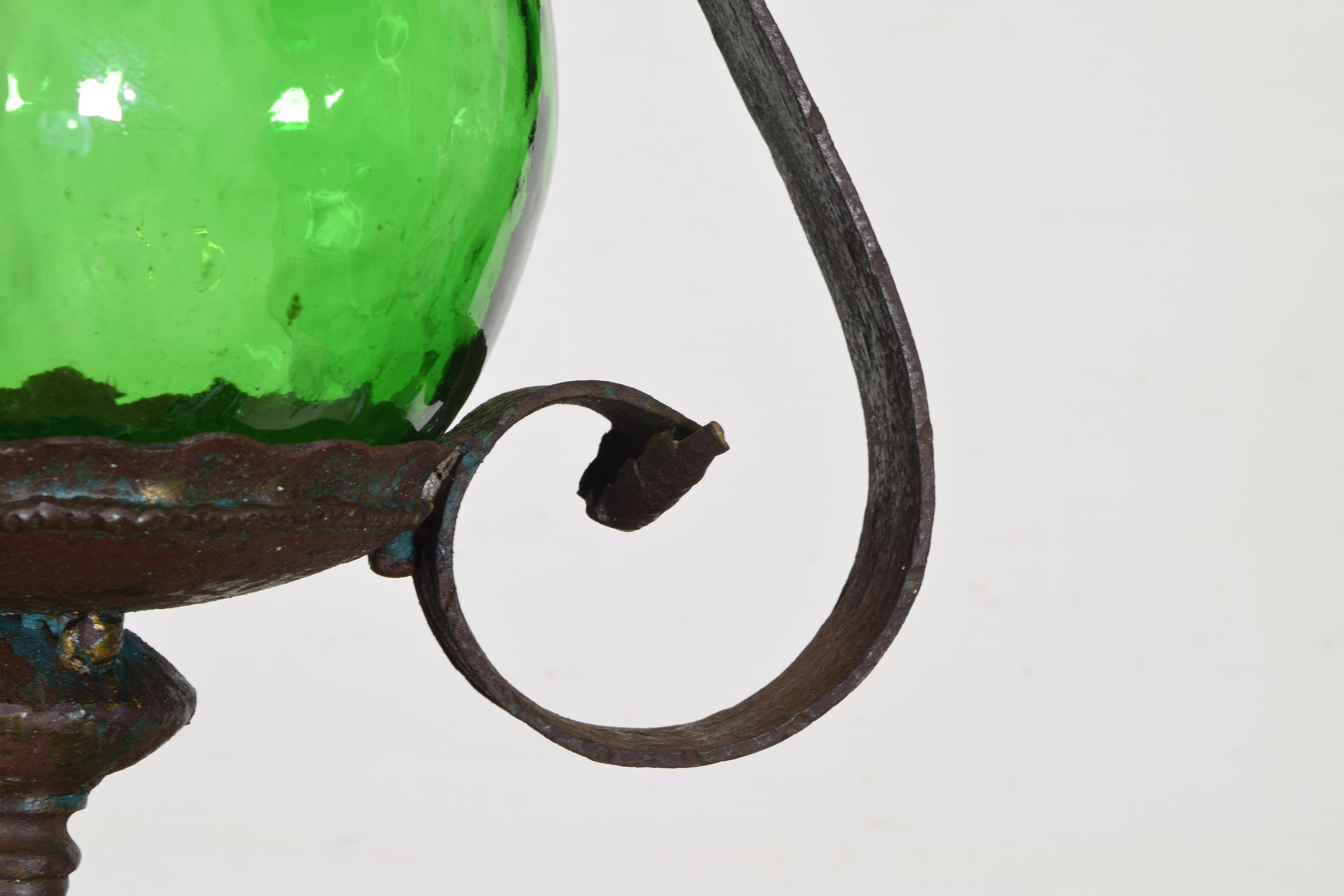Italian Wrought Iron and Green Glass One Light Lantern, UL Wired 2