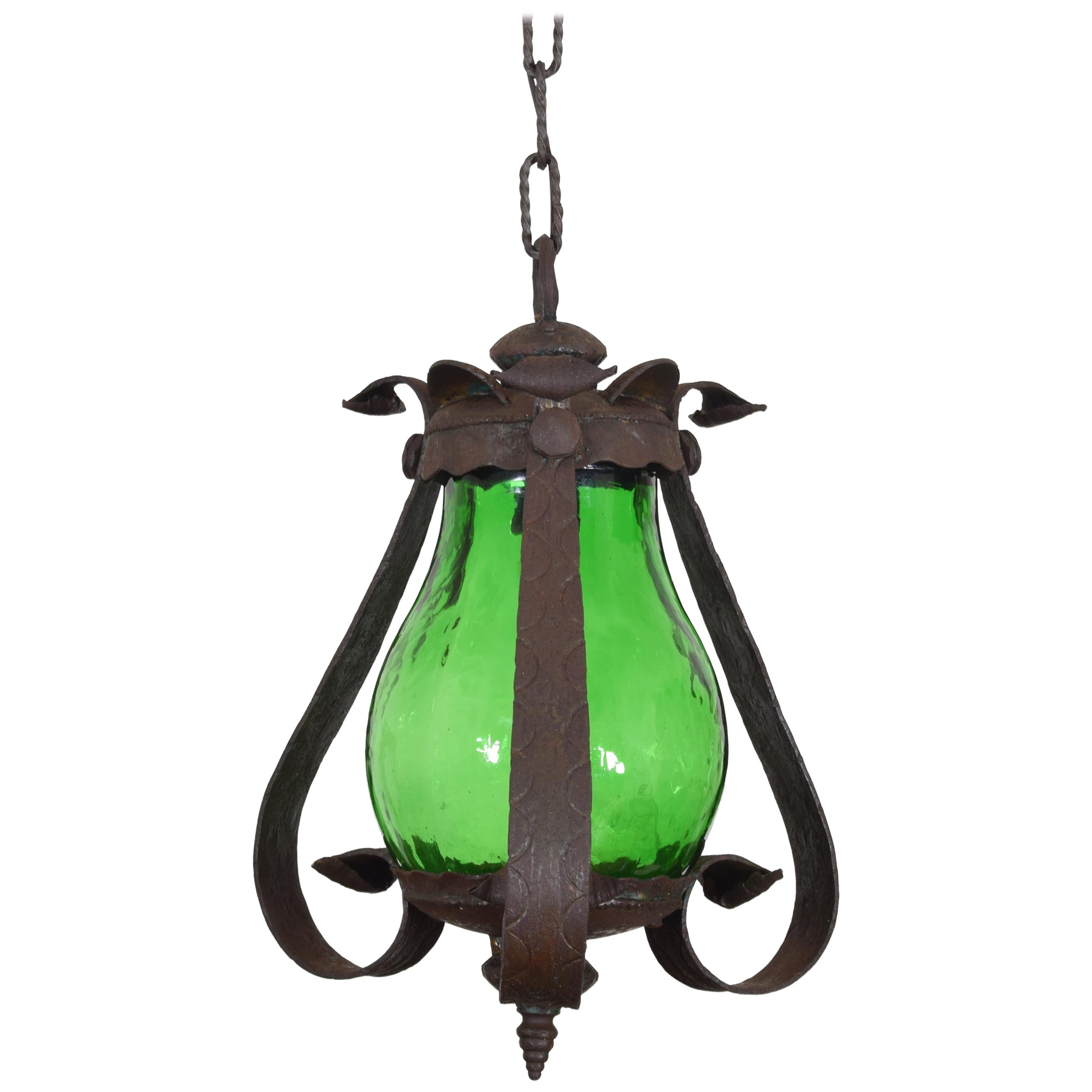 Italian Wrought Iron and Green Glass One Light Lantern, UL Wired