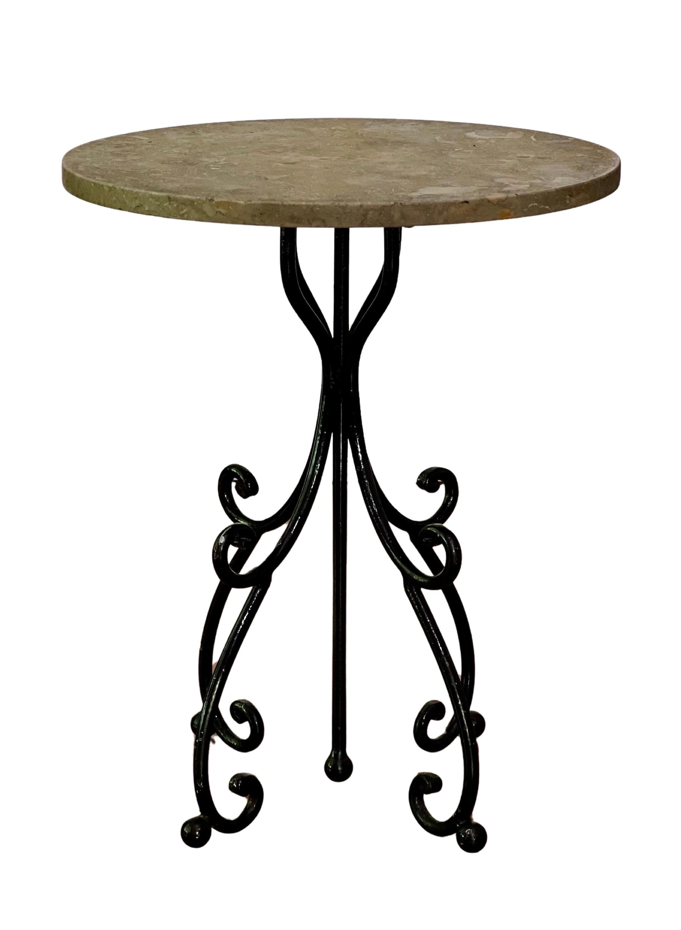 Italian Wrought Iron and Stone Top Round Side Table For Sale
