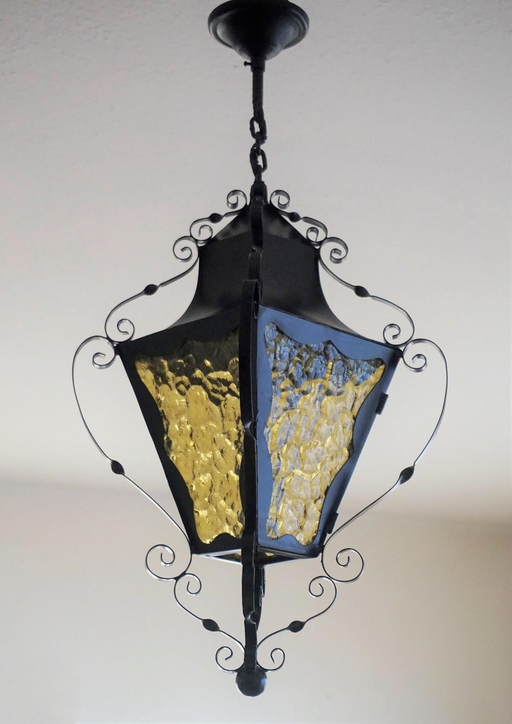 Arts and Crafts French Handcrafted Wrought Iron Glass Lantern Indoor or Outdoor For Sale