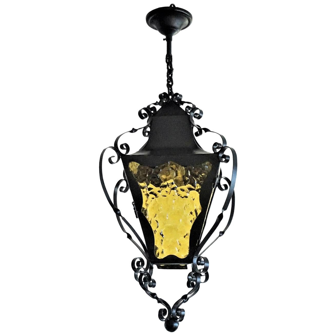 French Handcrafted Wrought Iron Glass Lantern Indoor or Outdoor For Sale