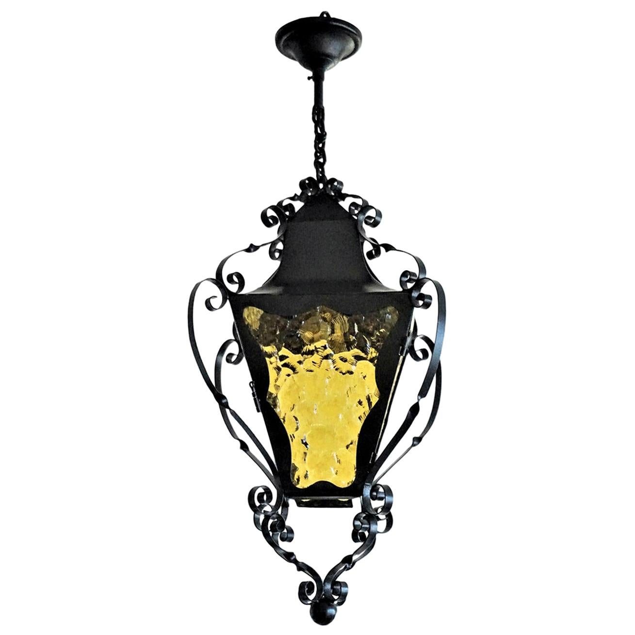 French Wrought Iron Lantern with Colored Glass, Early 20th Century