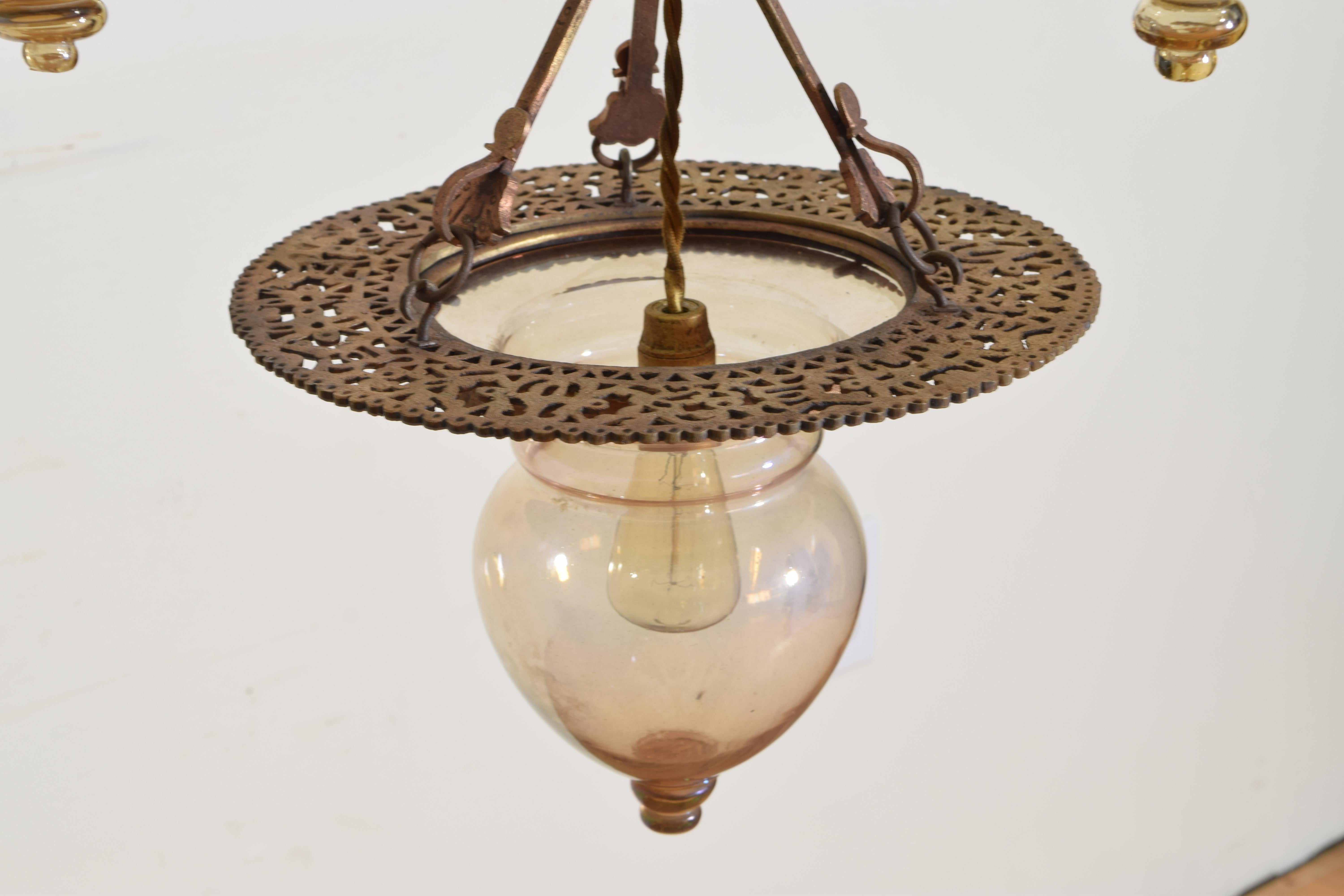 Italian Wrought Iron and Blown Glass 5-Light Lantern Chandelier, 19th Century 8