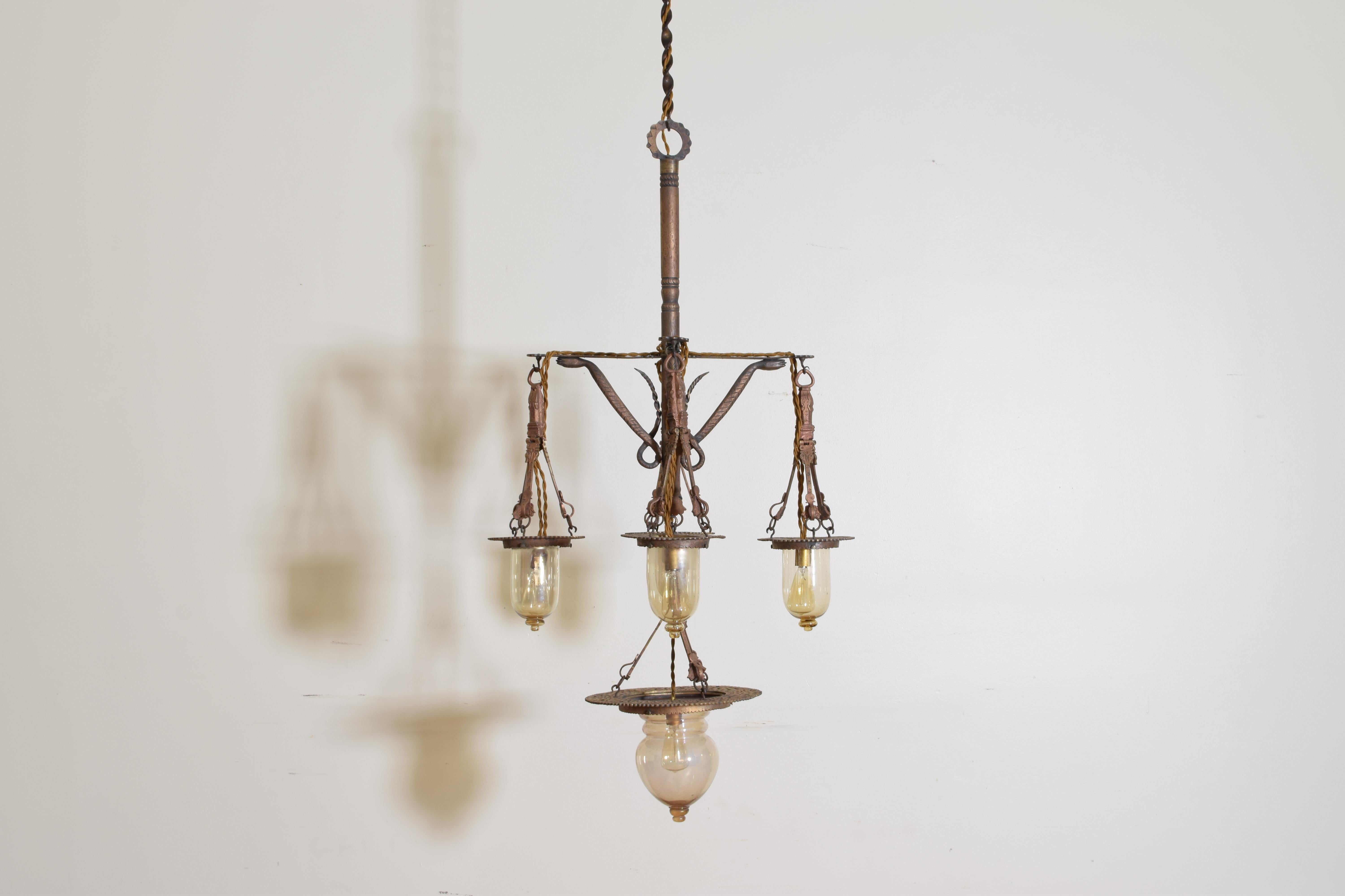 Italian Wrought Iron and Blown Glass 5-Light Lantern Chandelier, 19th Century In Excellent Condition In Atlanta, GA