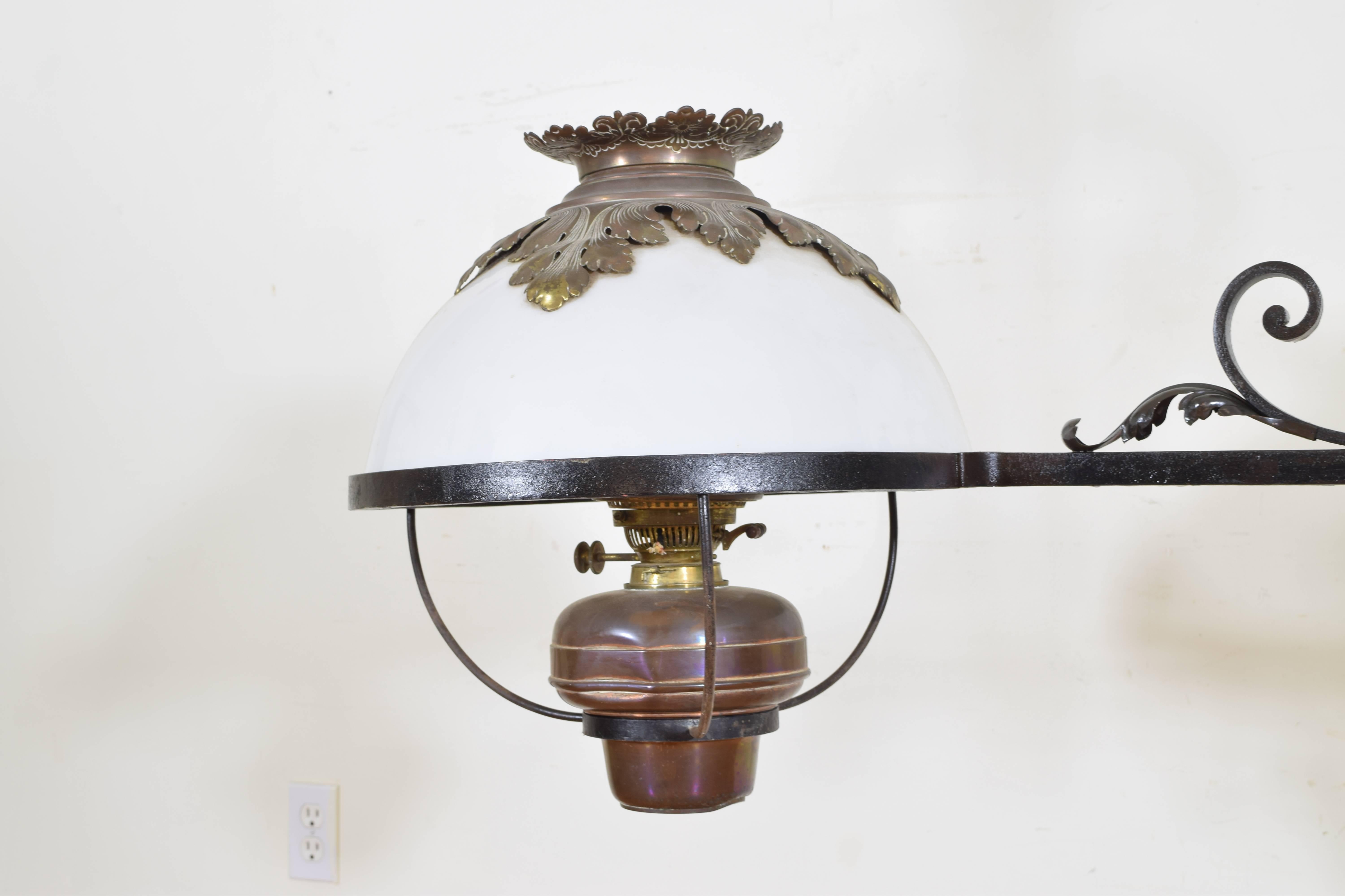 Italian Wrought Iron, Brass, and Glass Two-Light Billiards Fixture, 19th Century 6