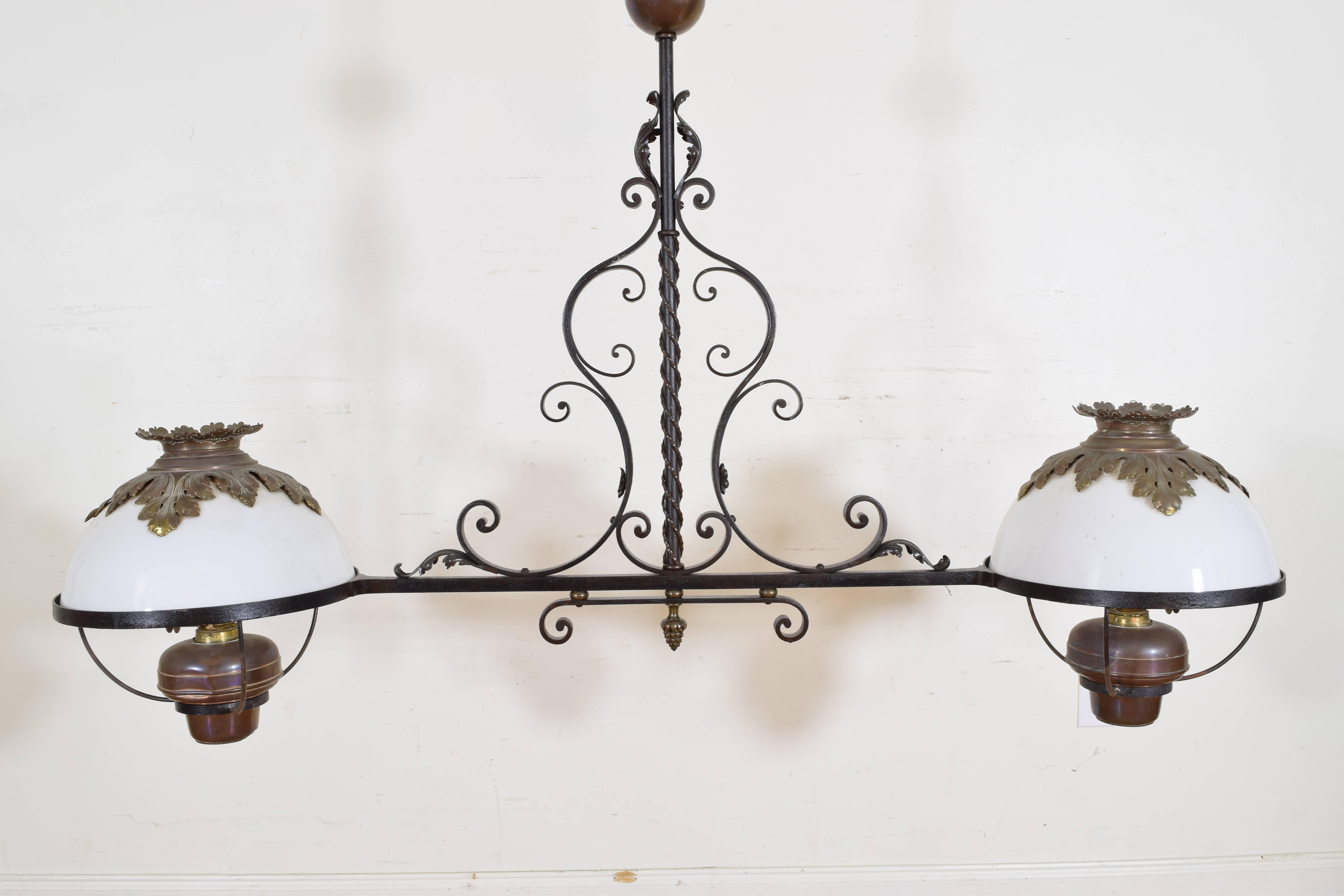 Mid-19th Century Italian Wrought Iron, Brass, and Glass Two-Light Billiards Fixture, 19th Century