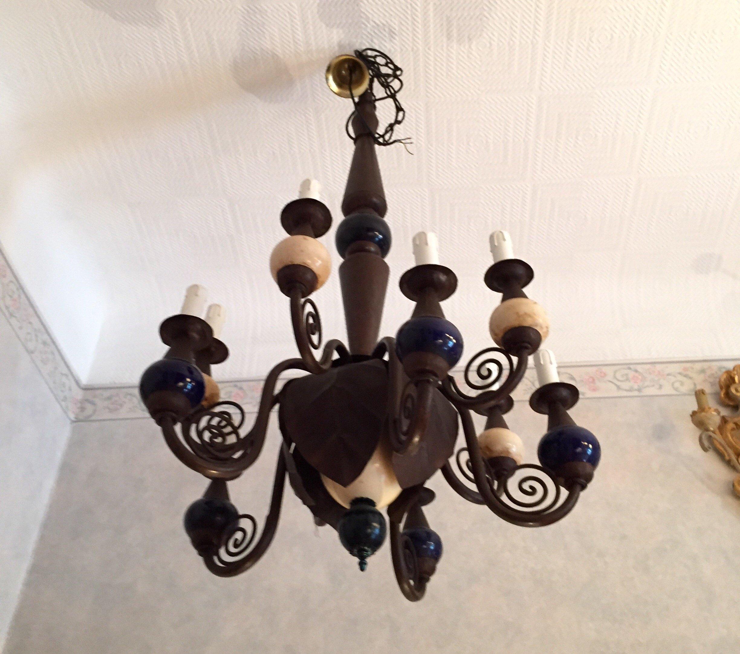 Painted Italian Wrought Iron Chandelier Flower Bulb Structure with Ostrich Eggshell For Sale