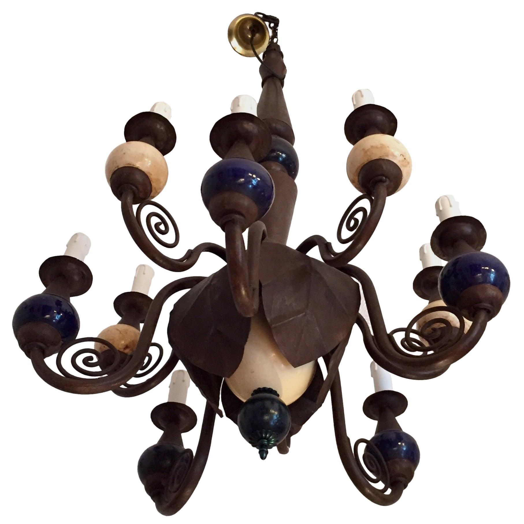 Italian Wrought Iron Chandelier Flower Bulb Structure with Ostrich Eggshell For Sale