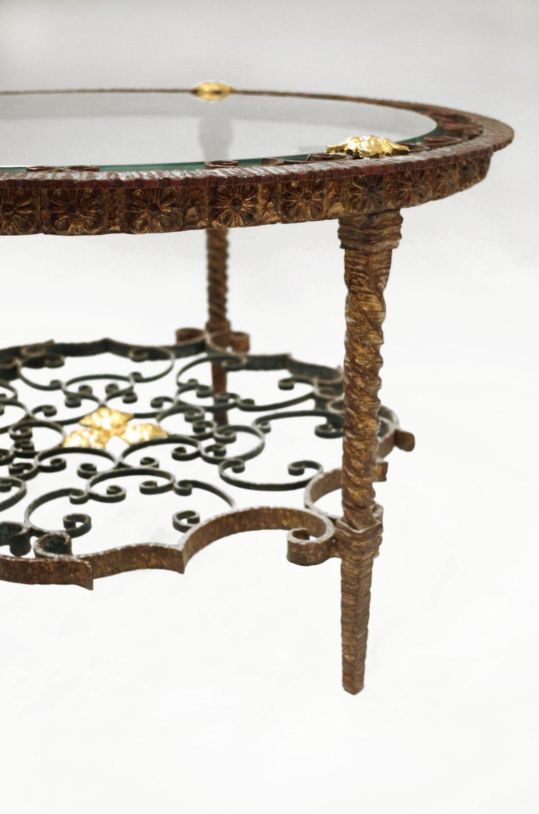 Glass Italian Wrought Iron Coffee Table, circa 1950 For Sale