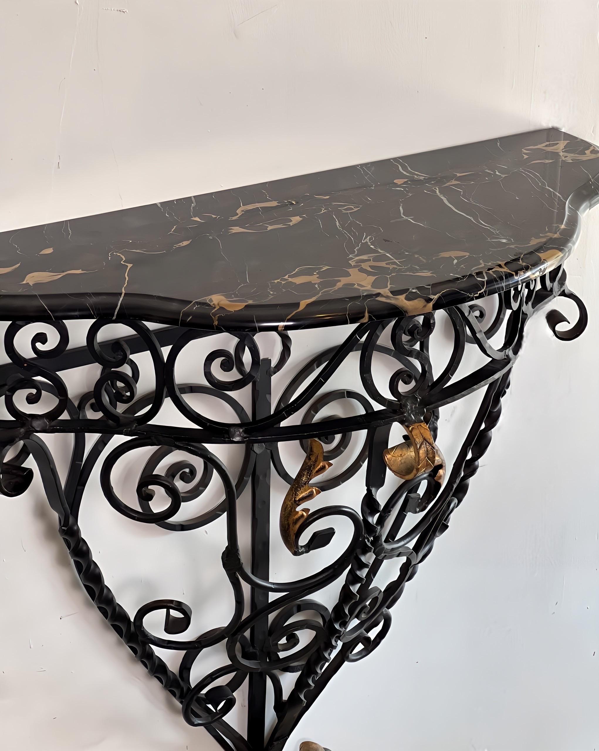 Rococo Italian Wrought Iron Console Table with Black Marble Top For Sale