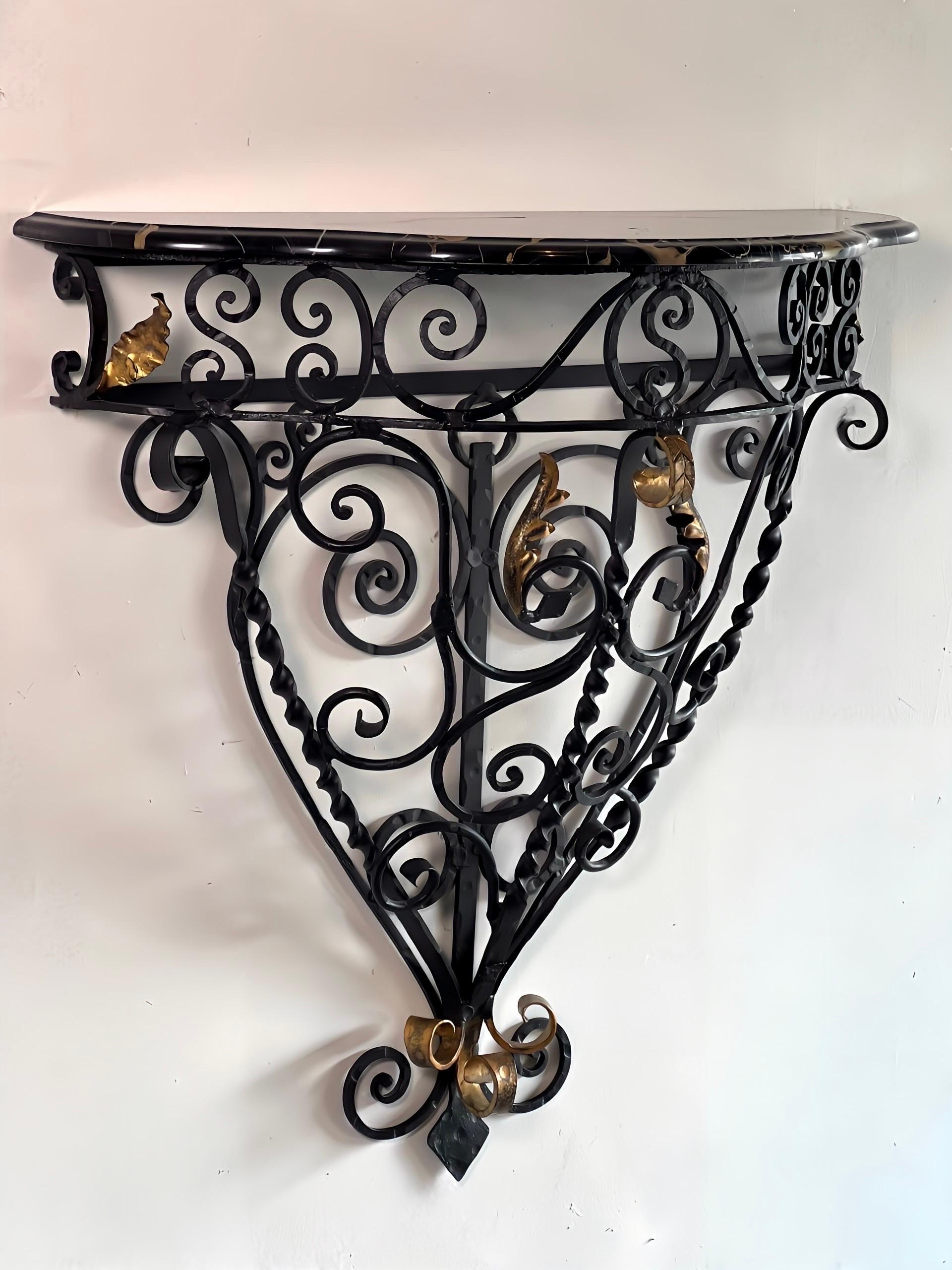 Italian Wrought Iron Console Table with Black Marble Top In Good Condition For Sale In Doylestown, PA