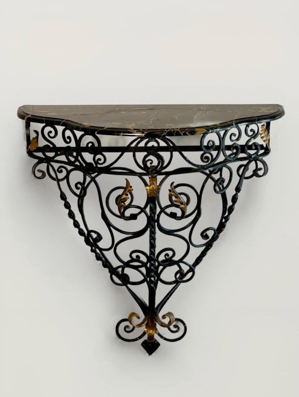 Italian Wrought Iron Console Table with Black Marble Top For Sale 1
