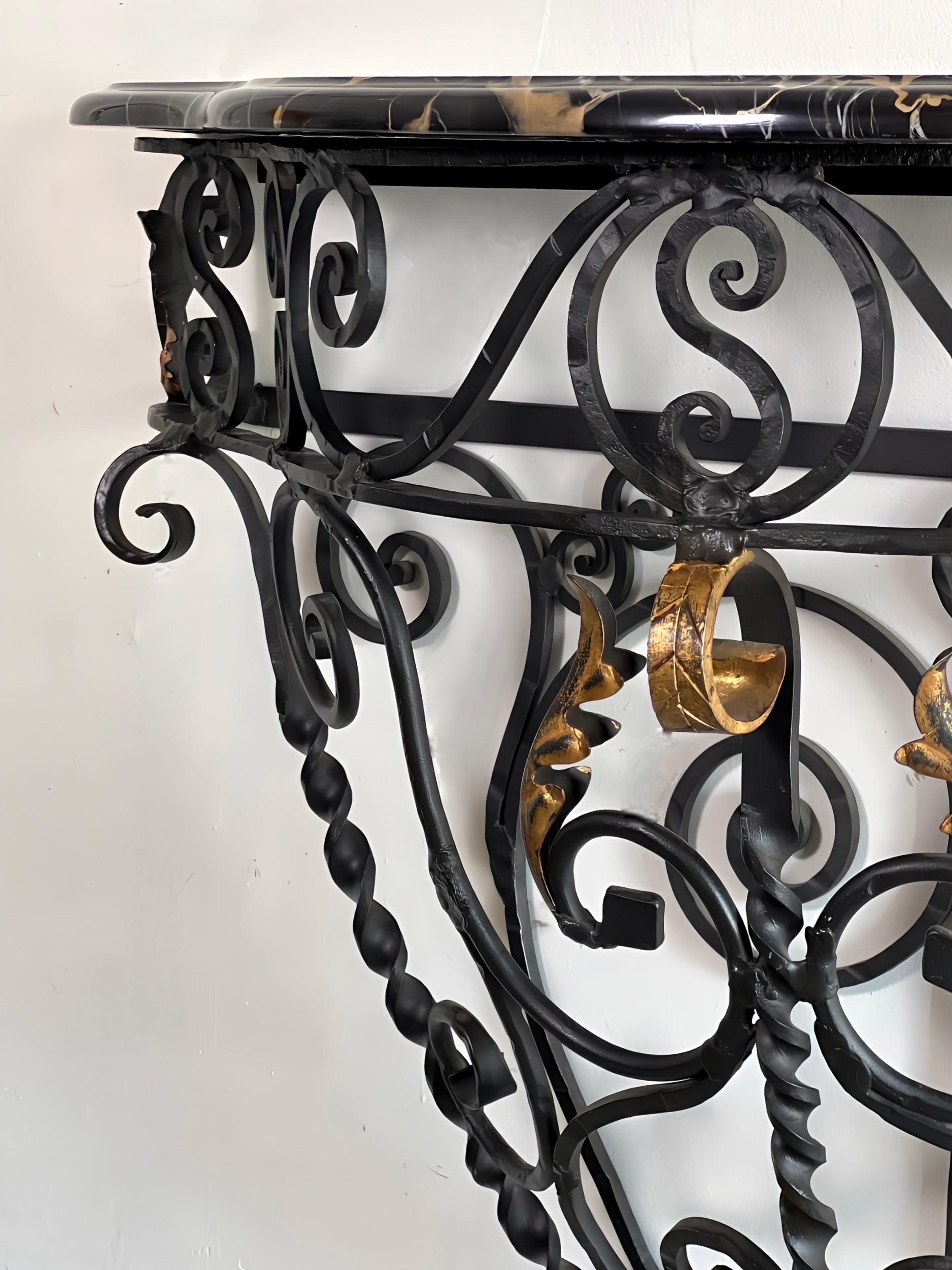 Italian Wrought Iron Console Table with Black Marble Top For Sale 4