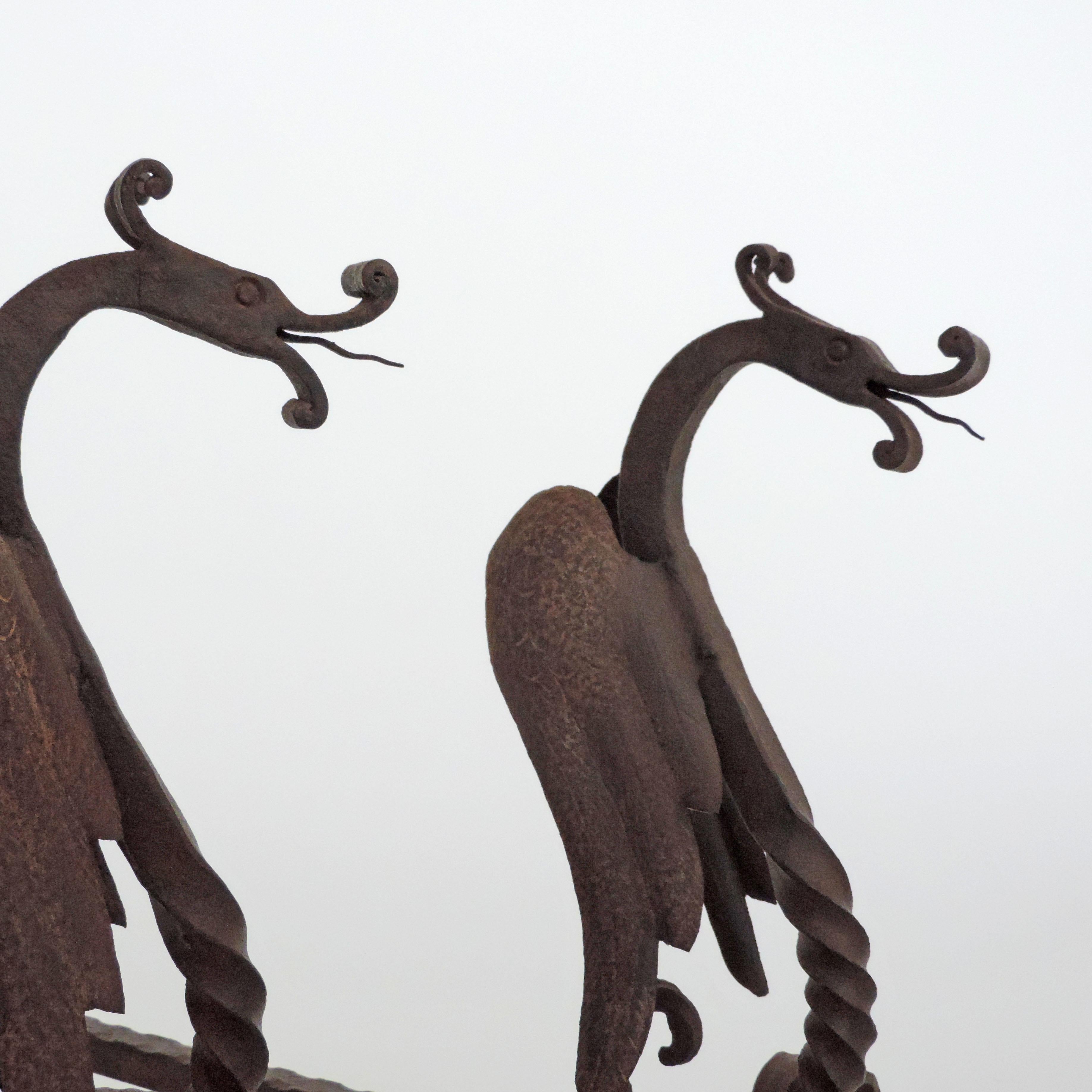 Early 20th Century Italian Wrought Iron Dragon Andirons, 1900 For Sale