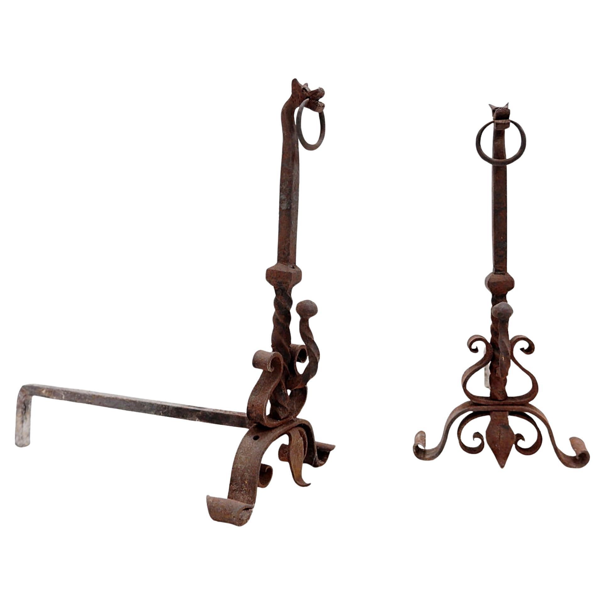 Italian Wrought Iron Dragon Andirons, Antique Fireplace Set, 1920s