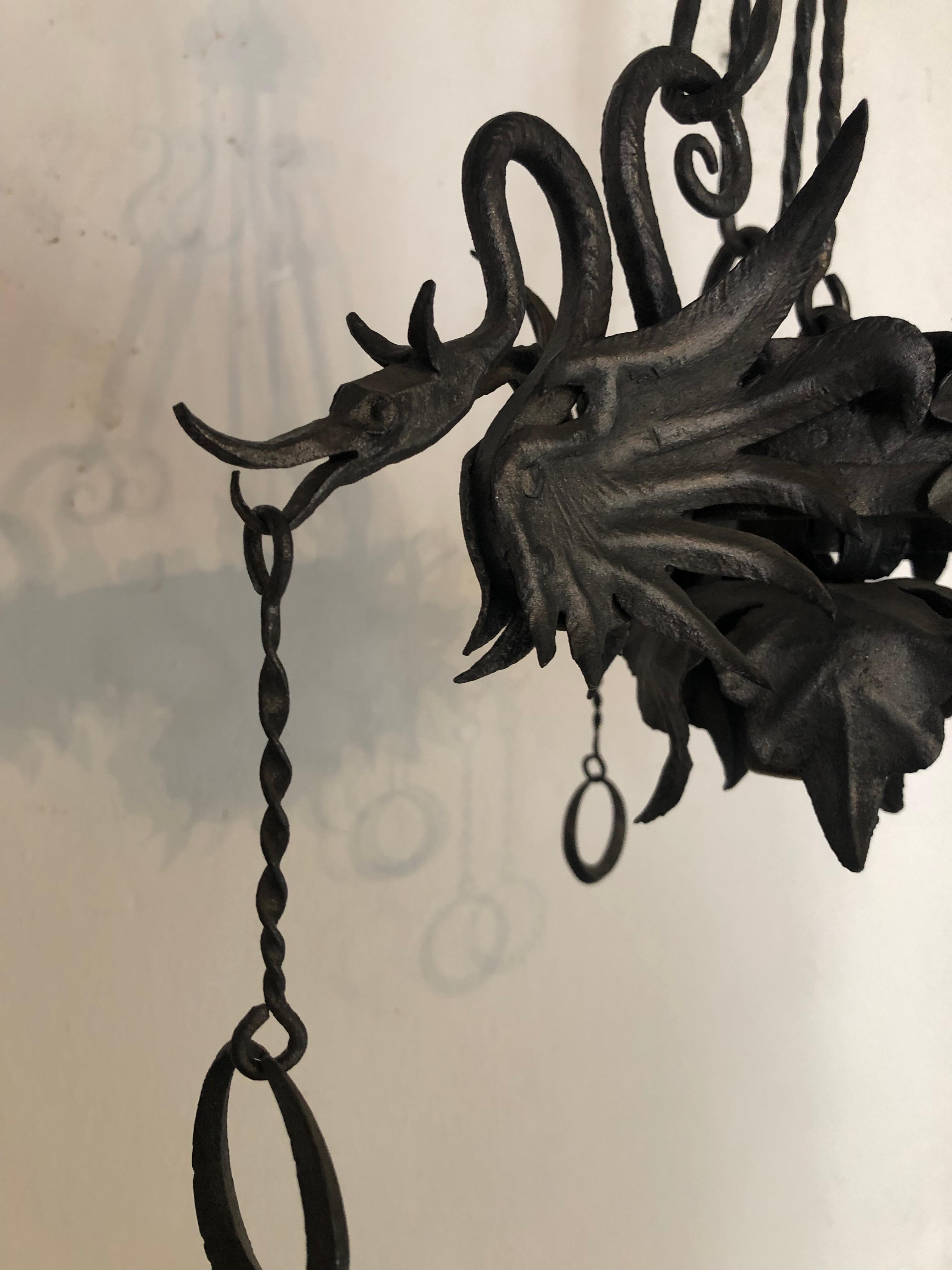 Alessandro MazzucoteIli Italian Wrought Iron Dragon Medieval Chandelier c 1890 In Good Condition For Sale In Firenze, Toscana