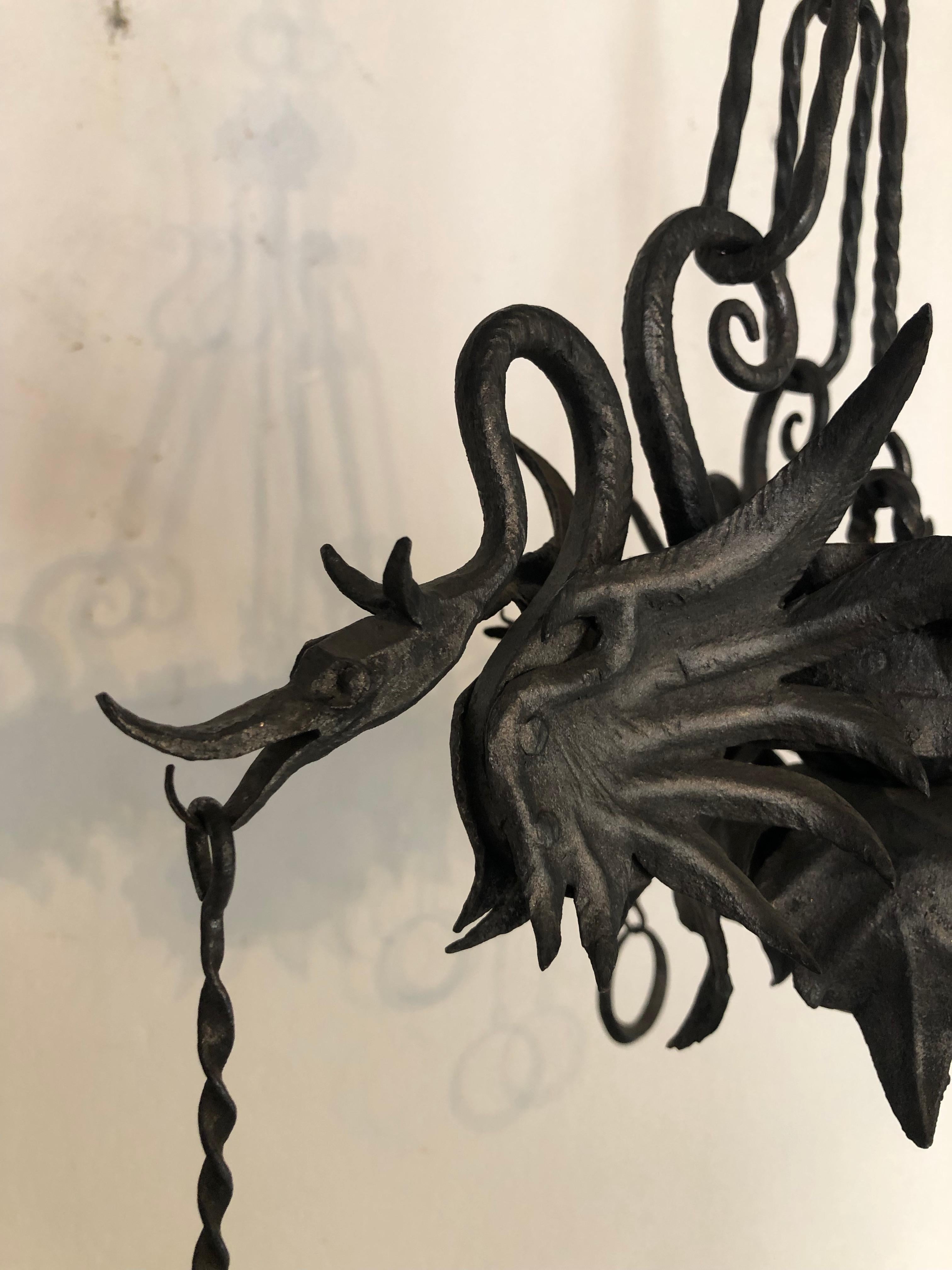 Early 20th Century Alessandro MazzucoteIli Italian Wrought Iron Dragon Medieval Chandelier c 1890 For Sale