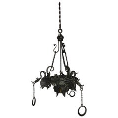 Italian Wrought Iron Dragon, Medieval Chandelier, circa 1920
