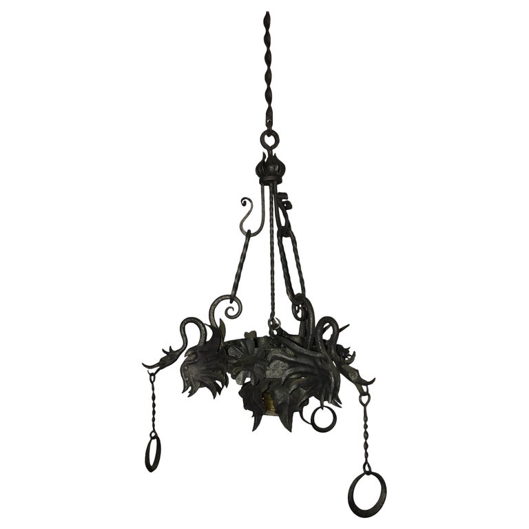 Italian Wrought Iron Dragon, Medieval Chandelier, circa 1920 For Sale at 1stDibs