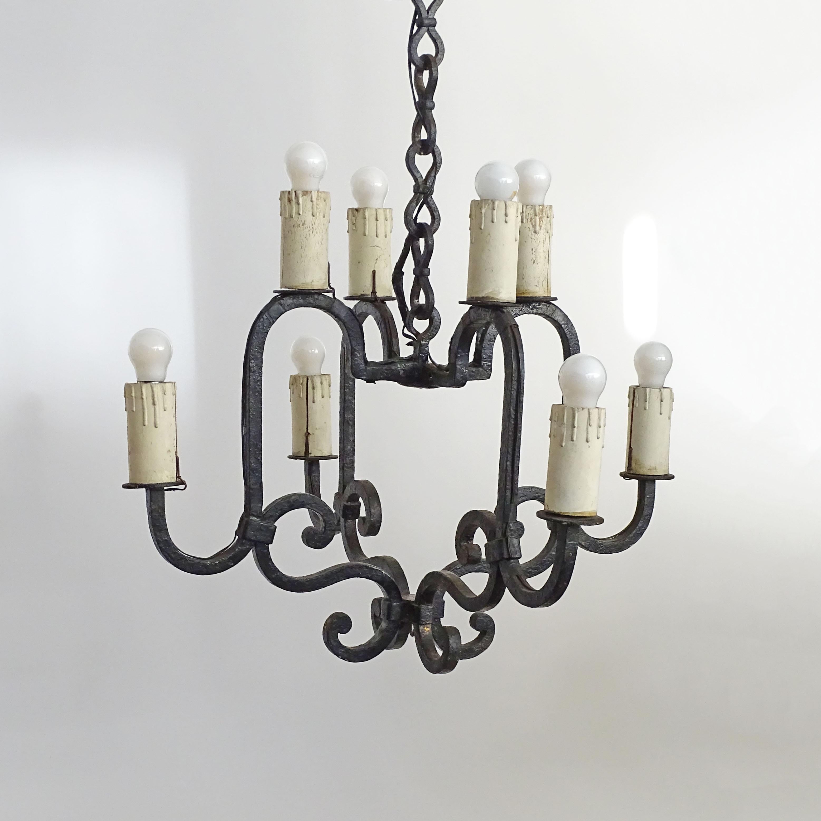 Italian Wrought Iron Eight-Light Rustic Ceiling Lamp