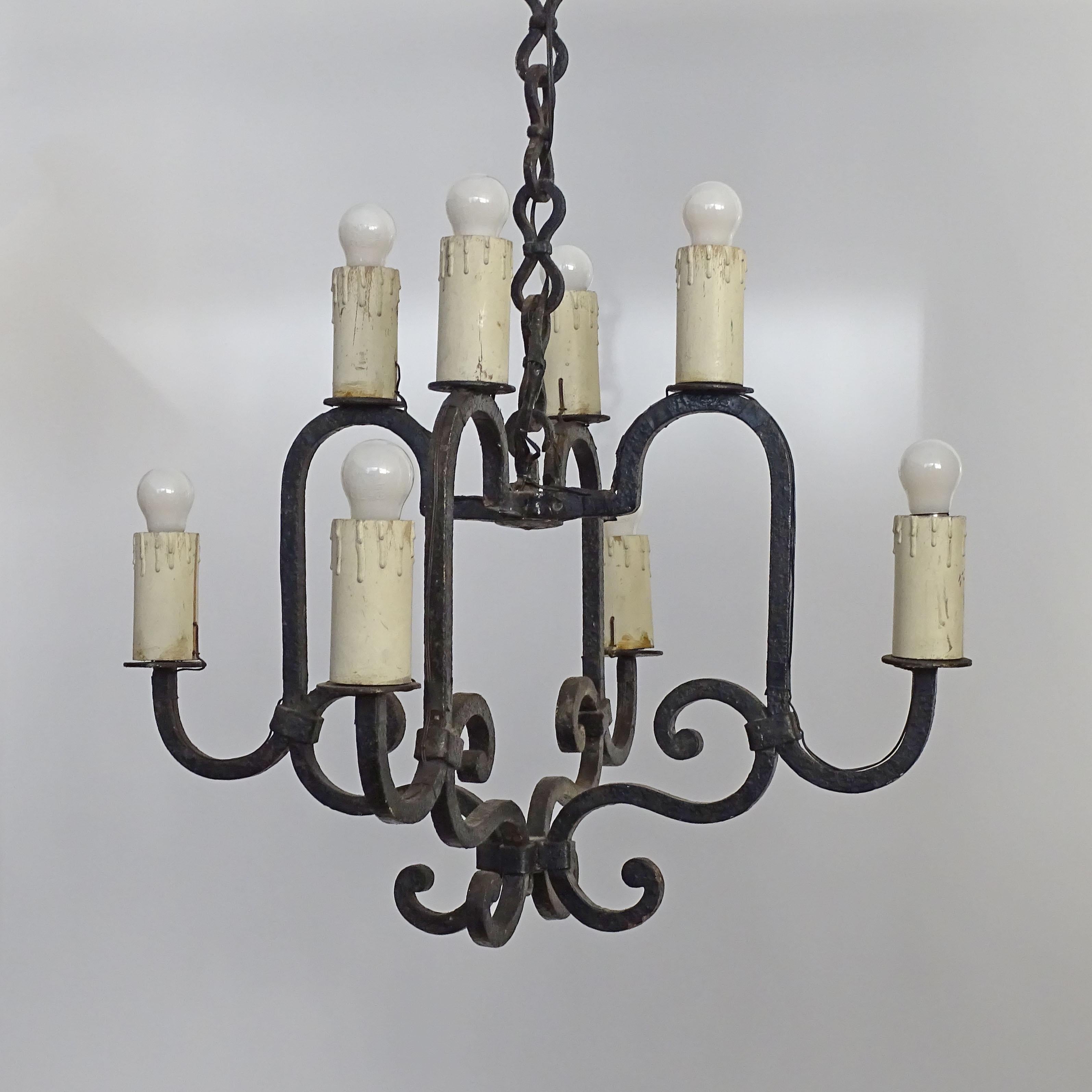 Italian Wrought Iron Eight Lights Rustic Ceiling Lamp For Sale 2