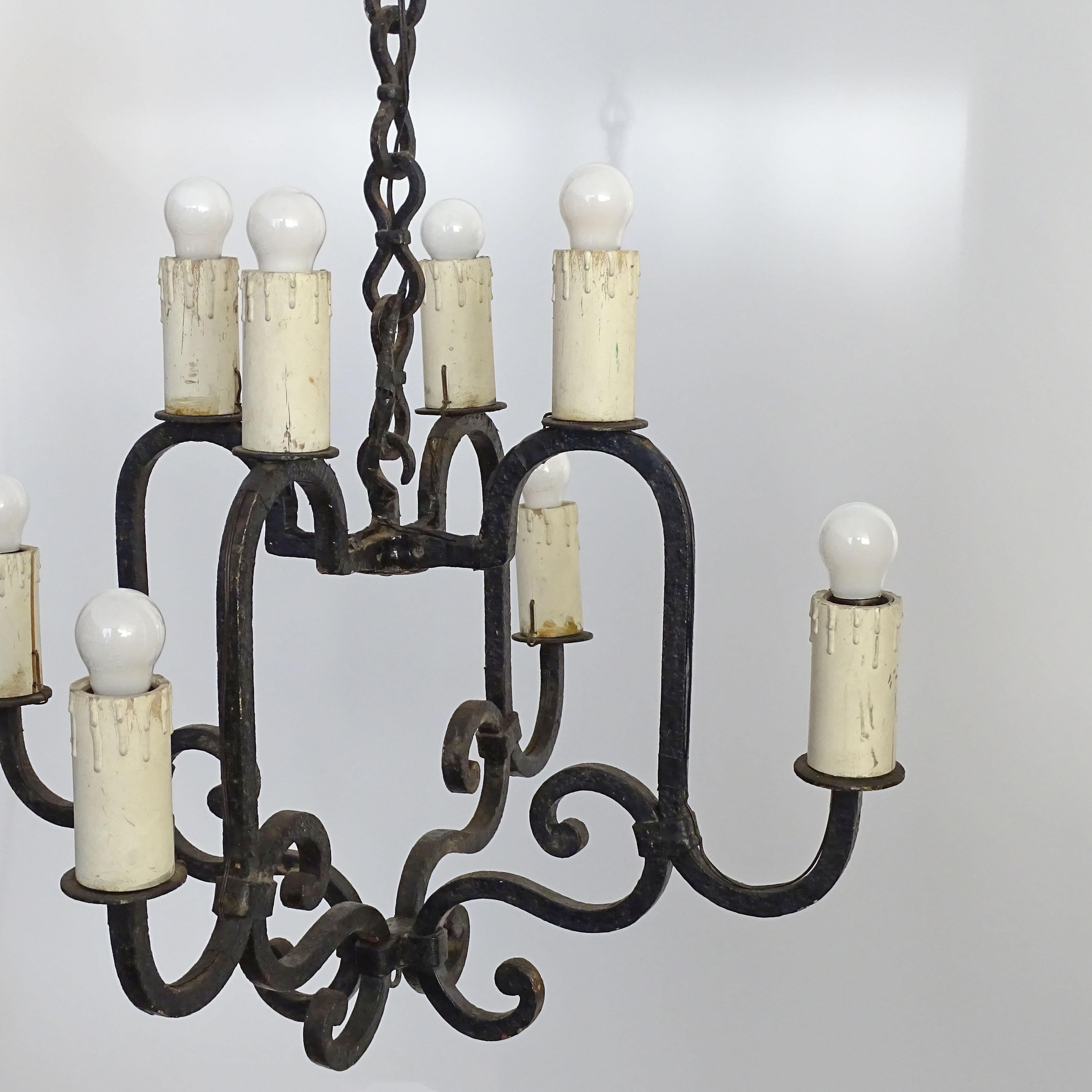 Italian Wrought Iron Eight Lights Rustic Ceiling Lamp For Sale 4