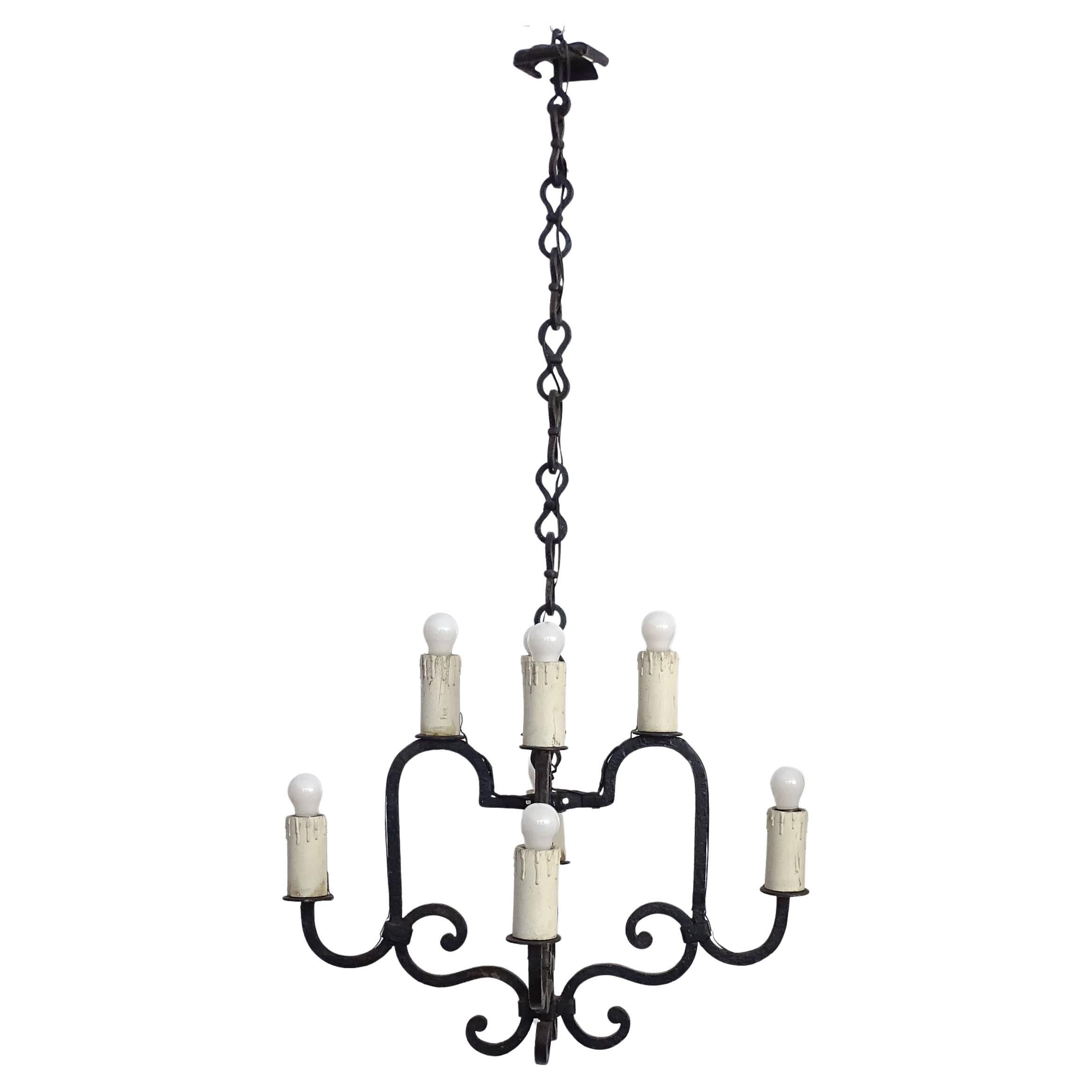 Italian Wrought Iron Eight Lights Rustic Ceiling Lamp For Sale