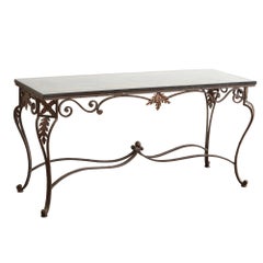 Italian Wrought Iron Framed Laminated Marble-Design Wood Console / Entry Table