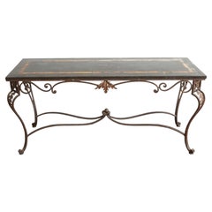 Italian Wrought Iron Framed Laminated Marble-Design Wood Console / Entry Table