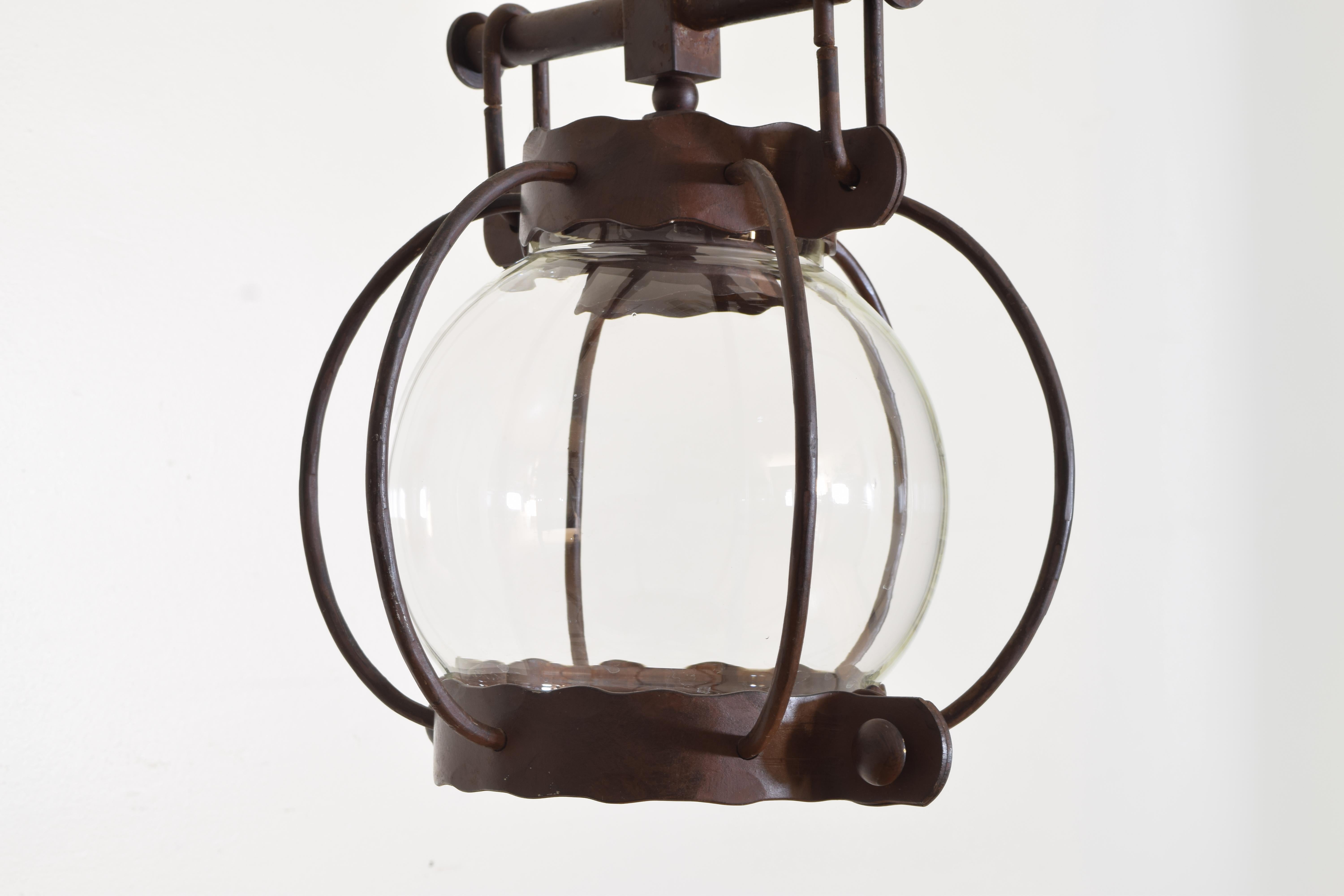 Italian Wrought Iron & Glass Globe 2-Light Lantern Chandelier, ca. 1900 5
