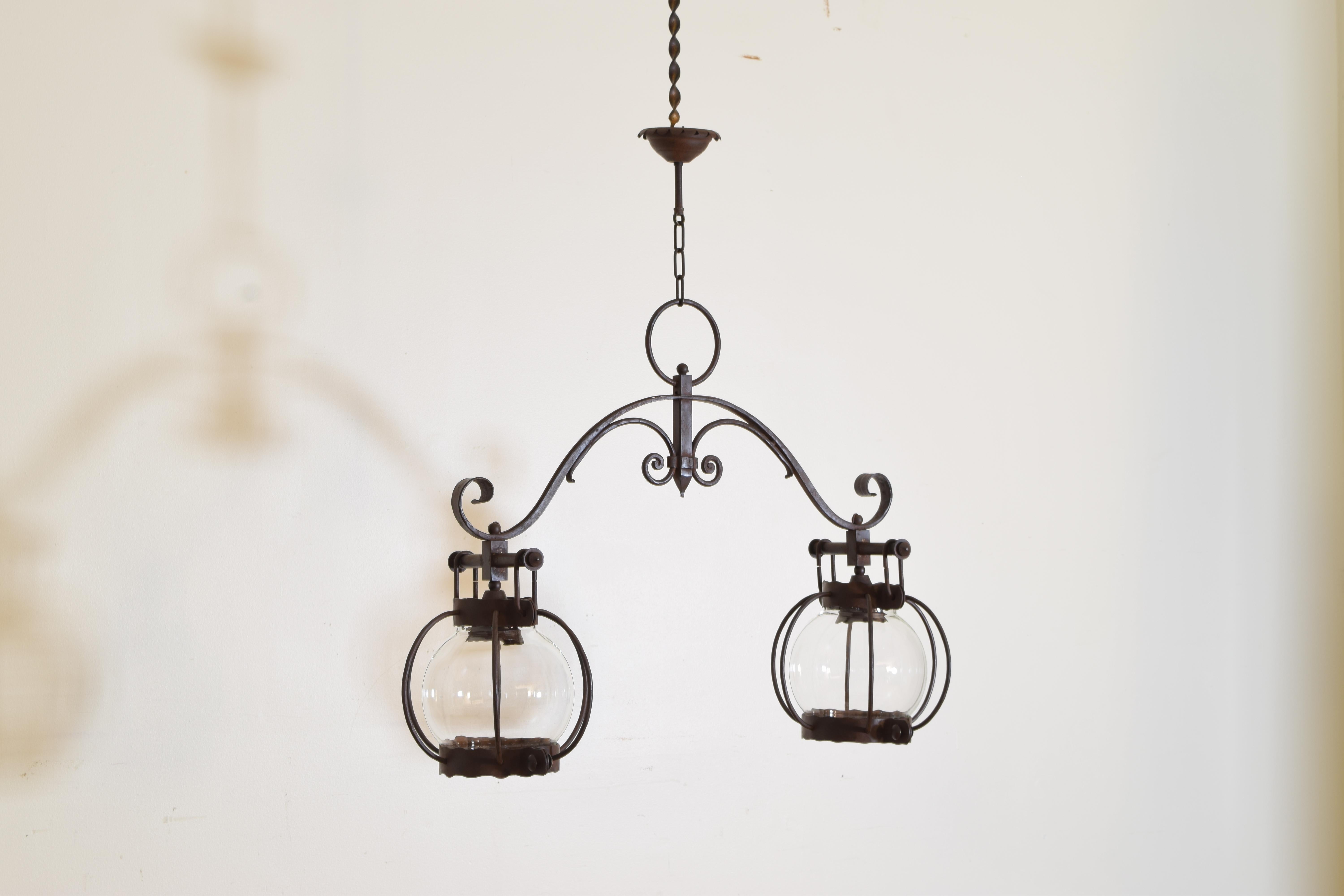 Italian Wrought Iron & Glass Globe 2-Light Lantern Chandelier, ca. 1900 In Good Condition In Atlanta, GA